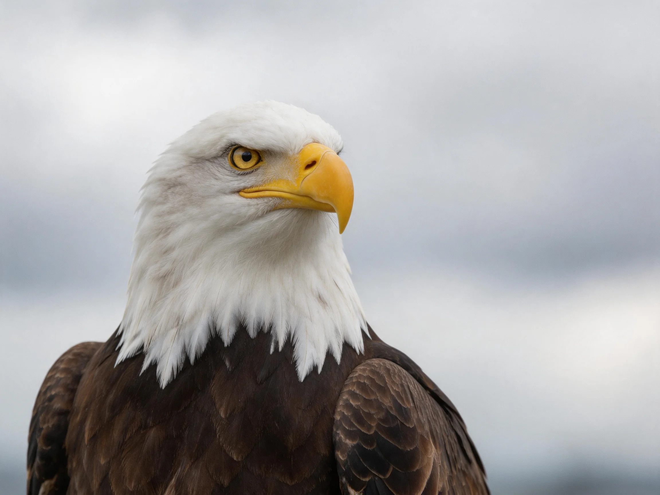 A Bald Eagle with White Head and Yellow Beak Against Overcast Sky