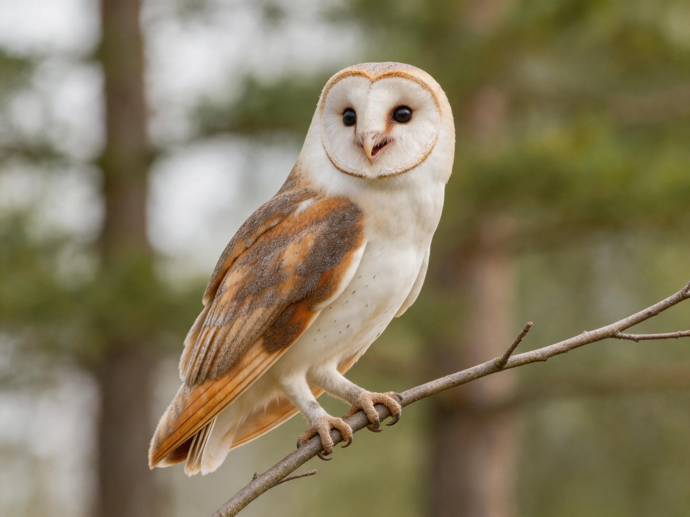 A Barn Owl Perched on a Branch with Brown and White Plumage