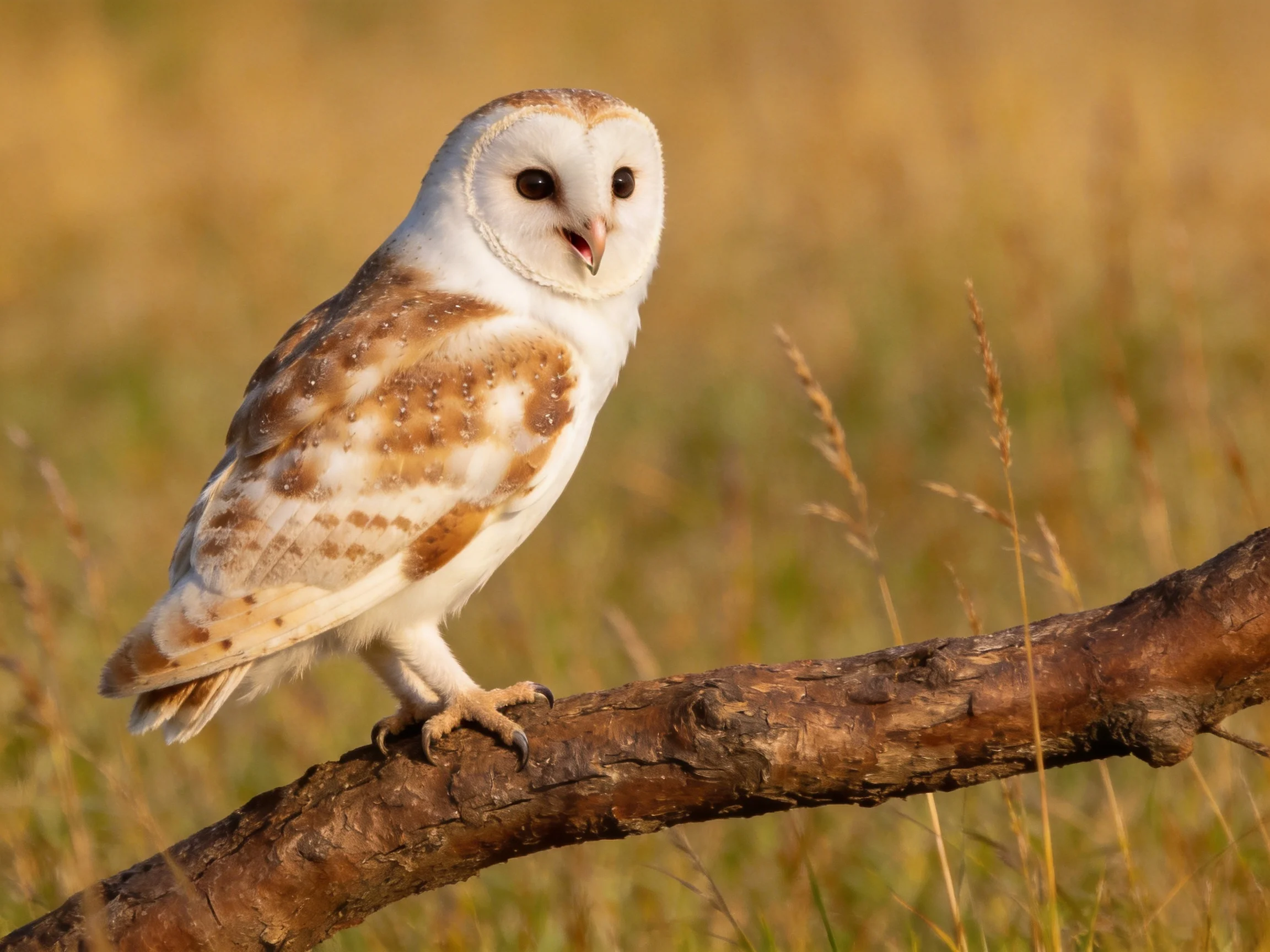A Barn Owl Perched on a Weathered Branch Among Golden Tall Grasses