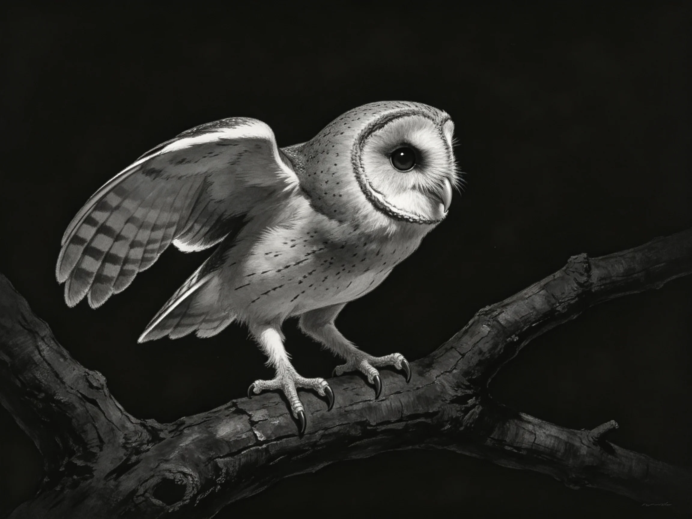 A Barn Owl with Extended Wing on a Dark Branch in Monochrome