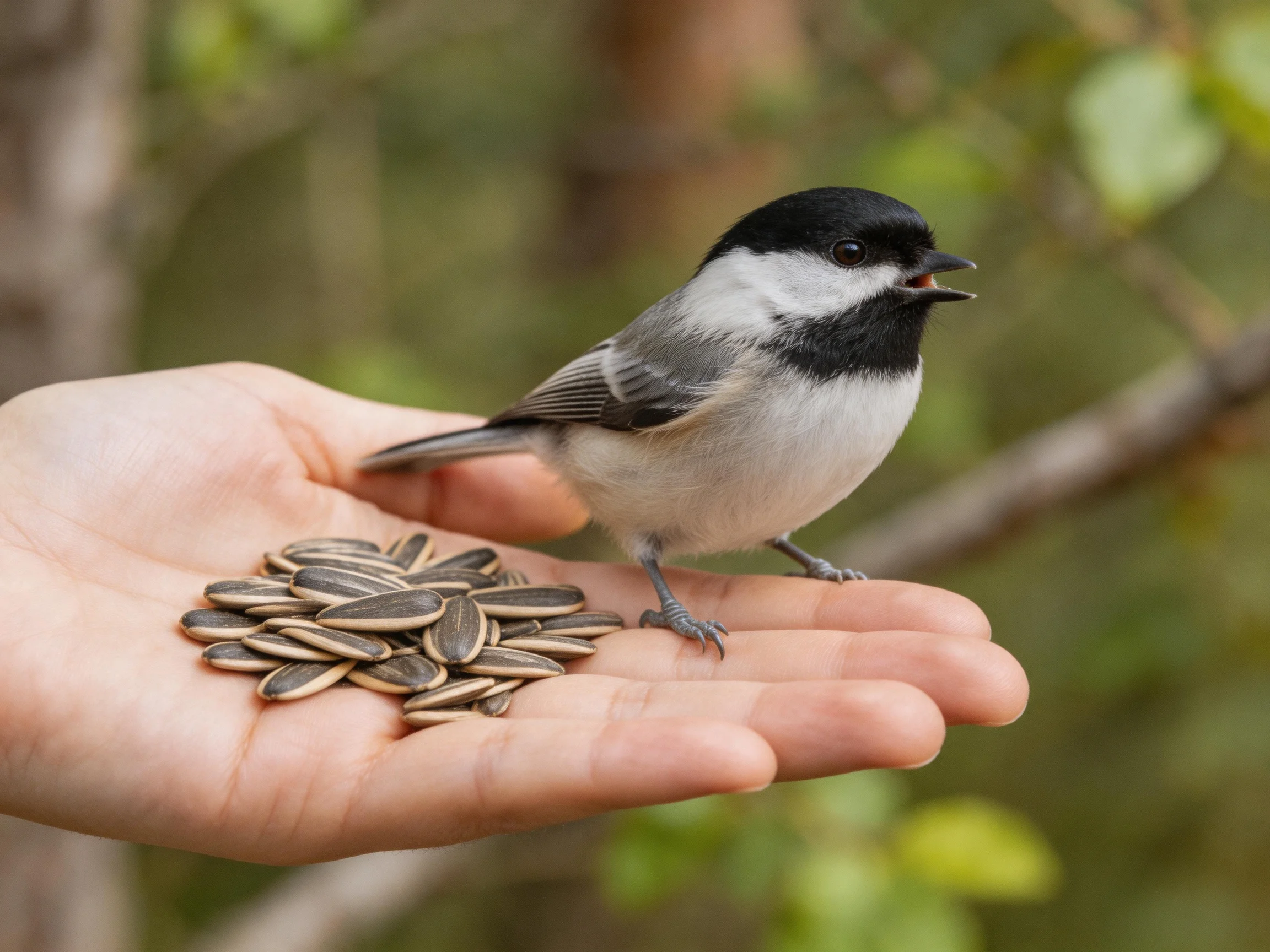 A Black-Capped Chickadee on a Hand with Sunflower Seeds