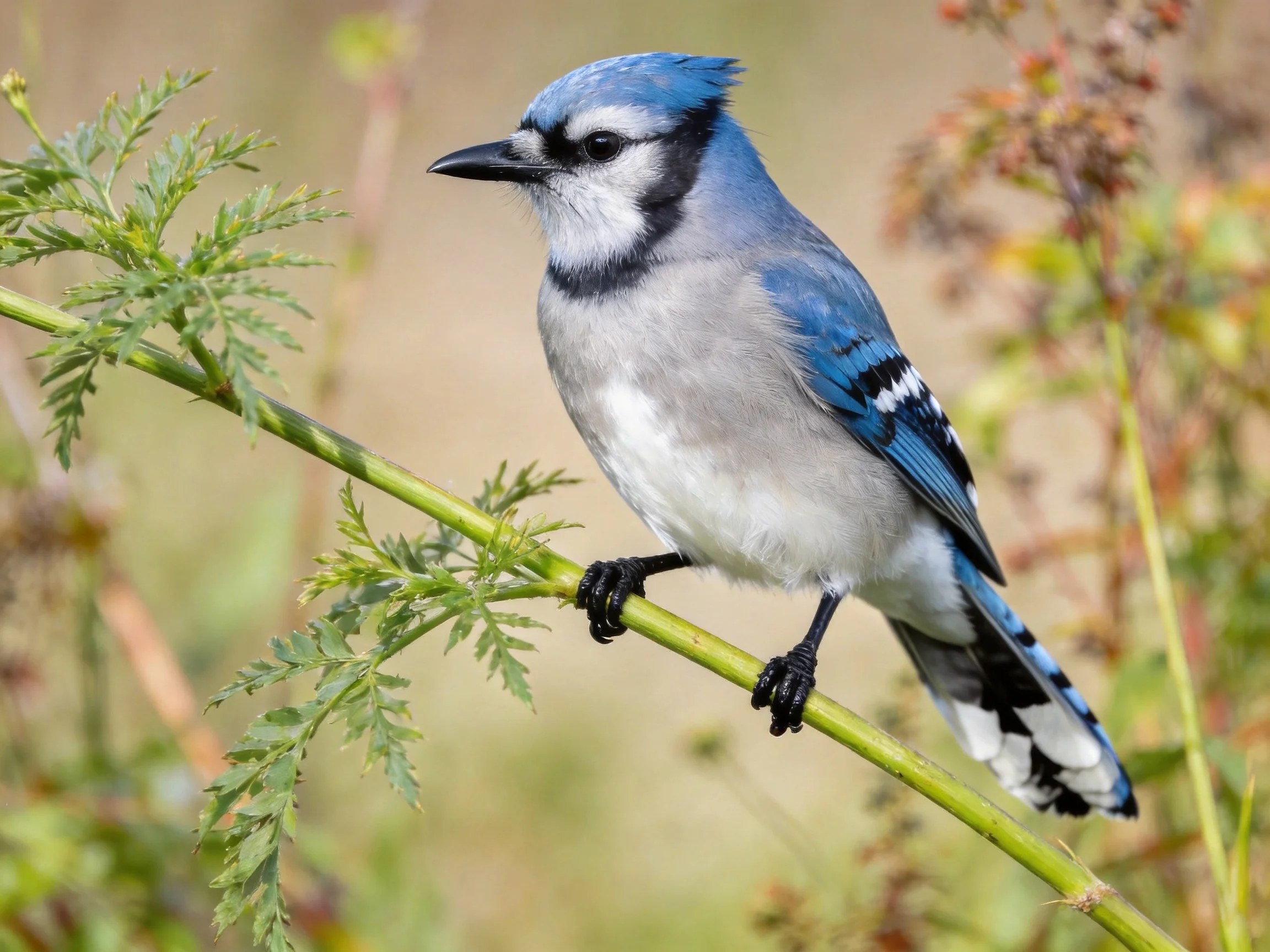 A Blue Jay Perched on a Green Branch with Fern-like Foliage
