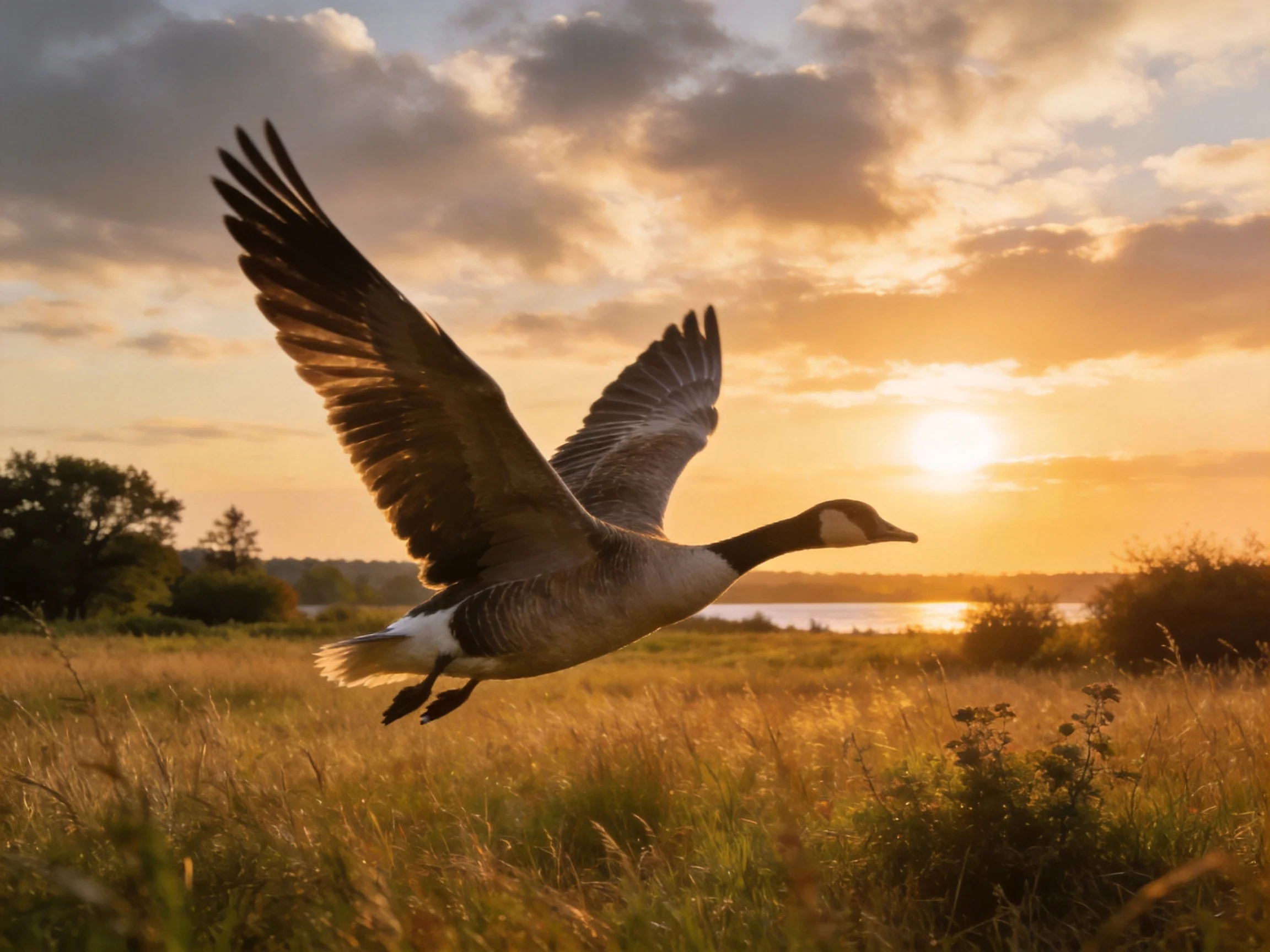 A Canada Goose soars over golden fields at sunset