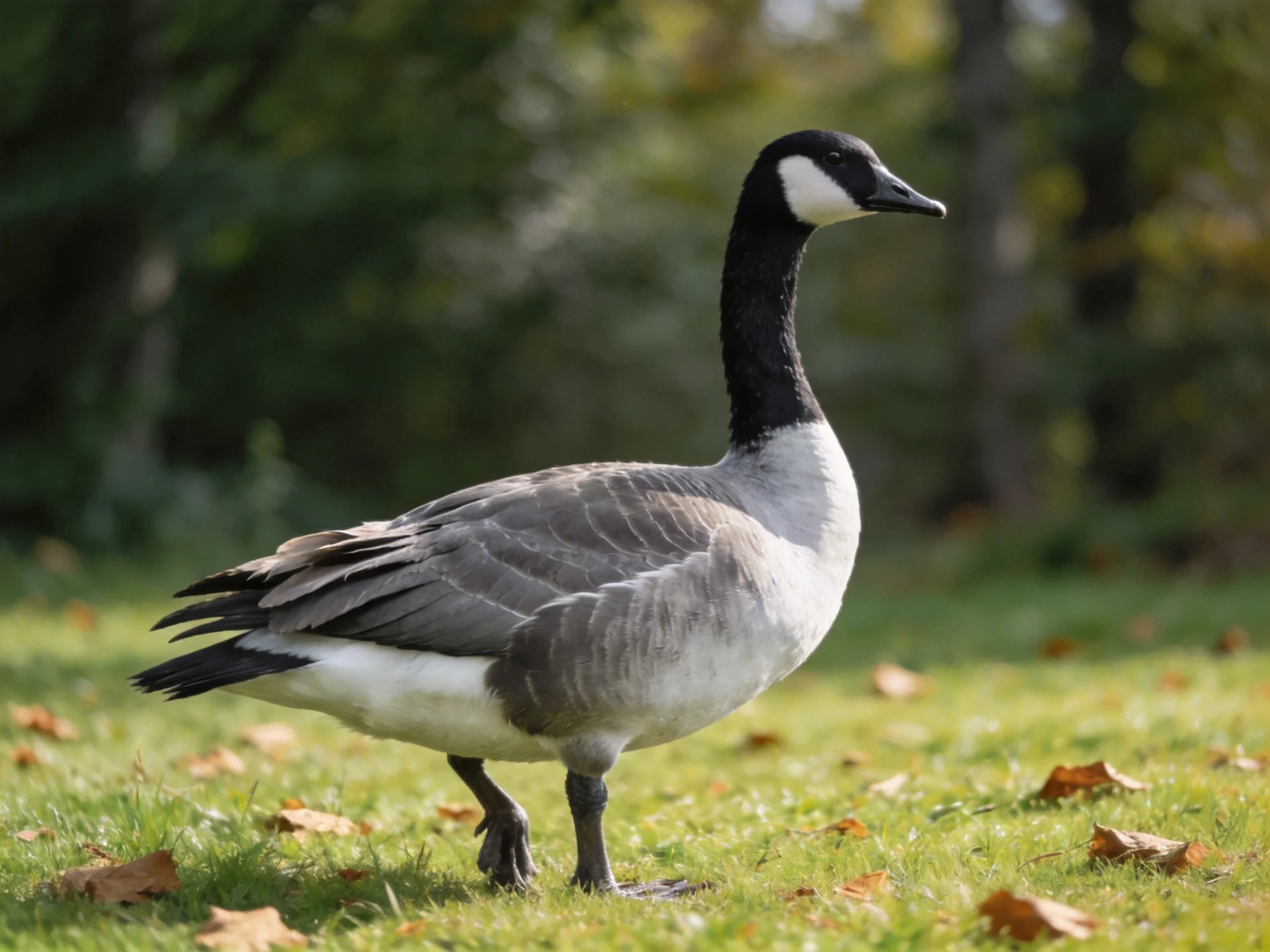 A Canada Goose with black neck, gray wings, on green grass near trees