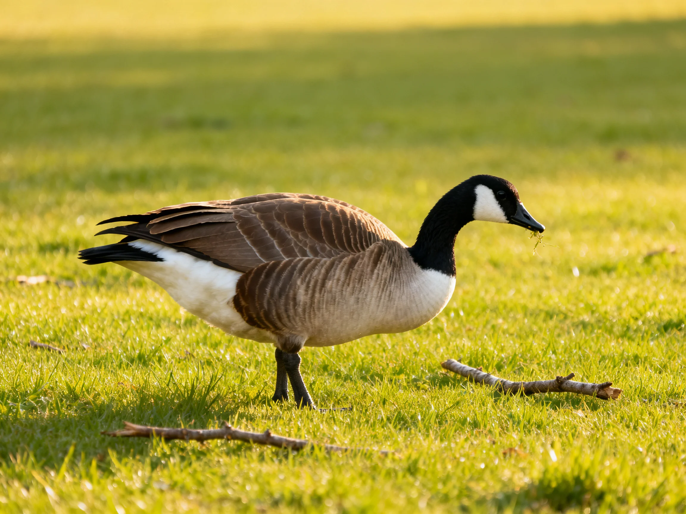 A Canada goose forages on sunlit green grass near twigs