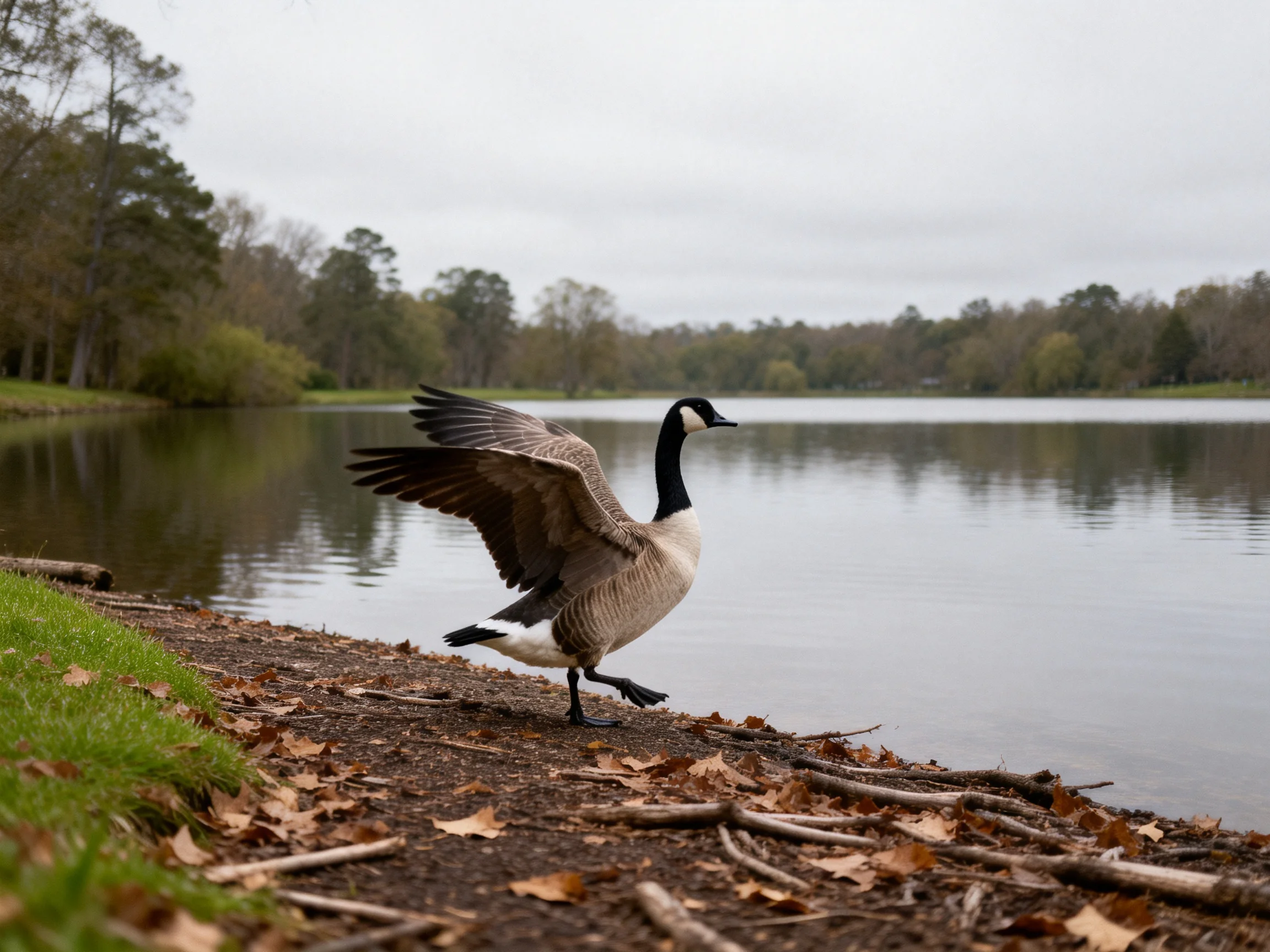 A Canada goose landing on an autumn lakeshore