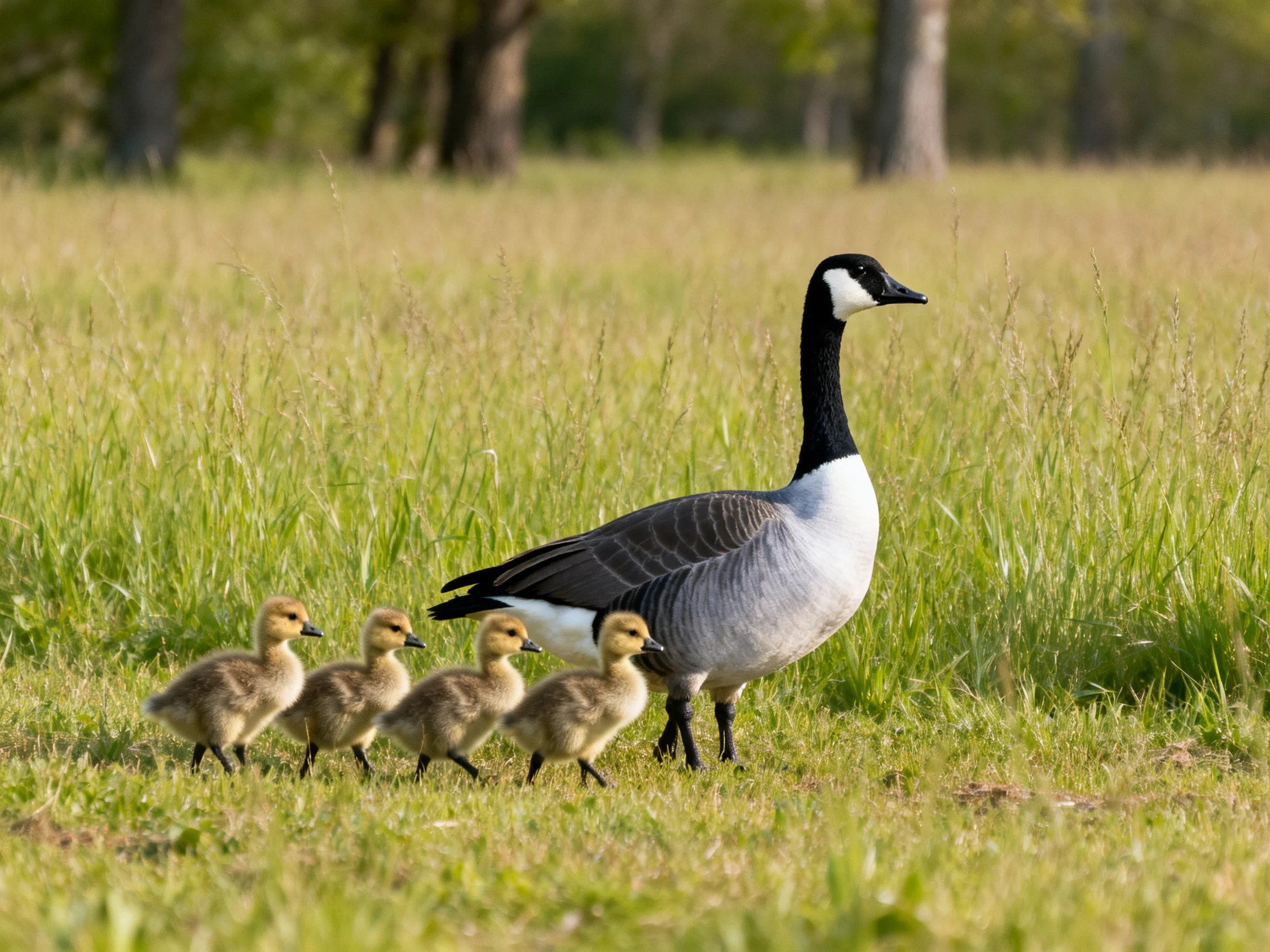 A Canada goose leads four goslings through tall green grass