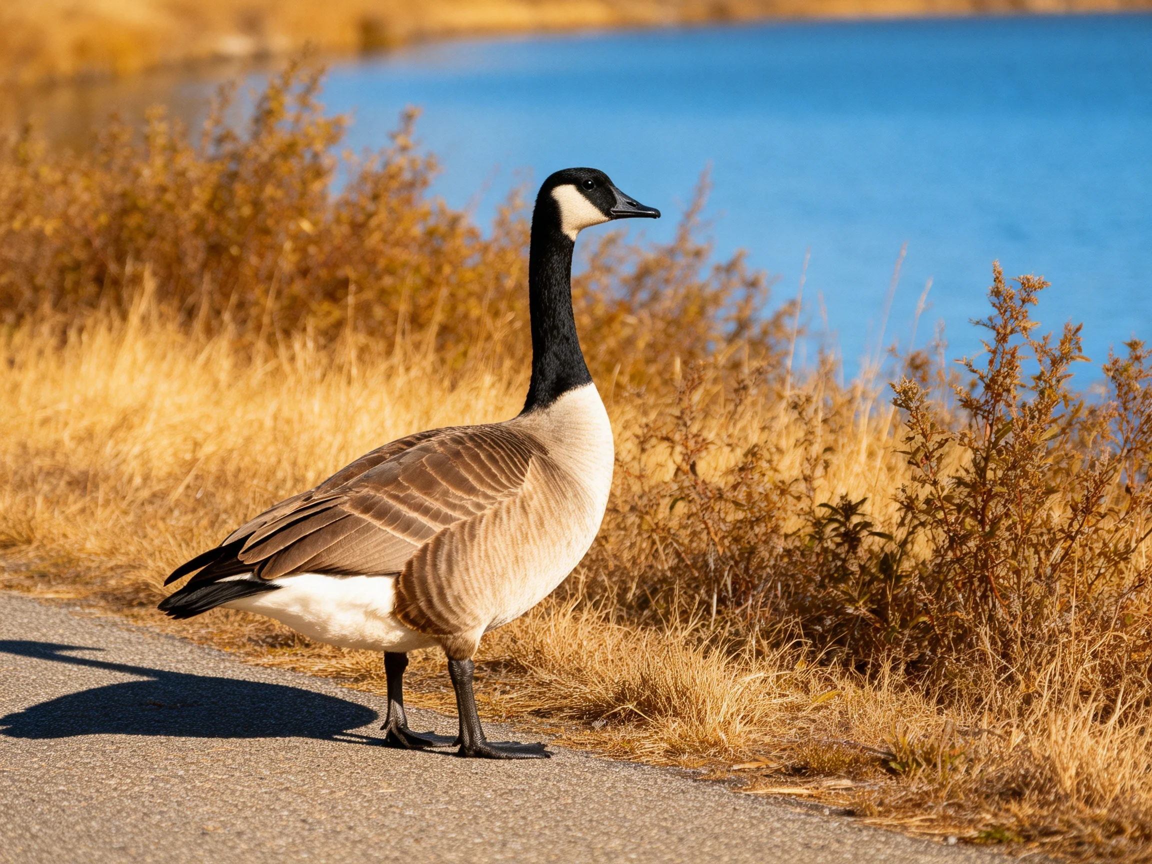 A Canada goose on a paved path near golden shrubs and blue water