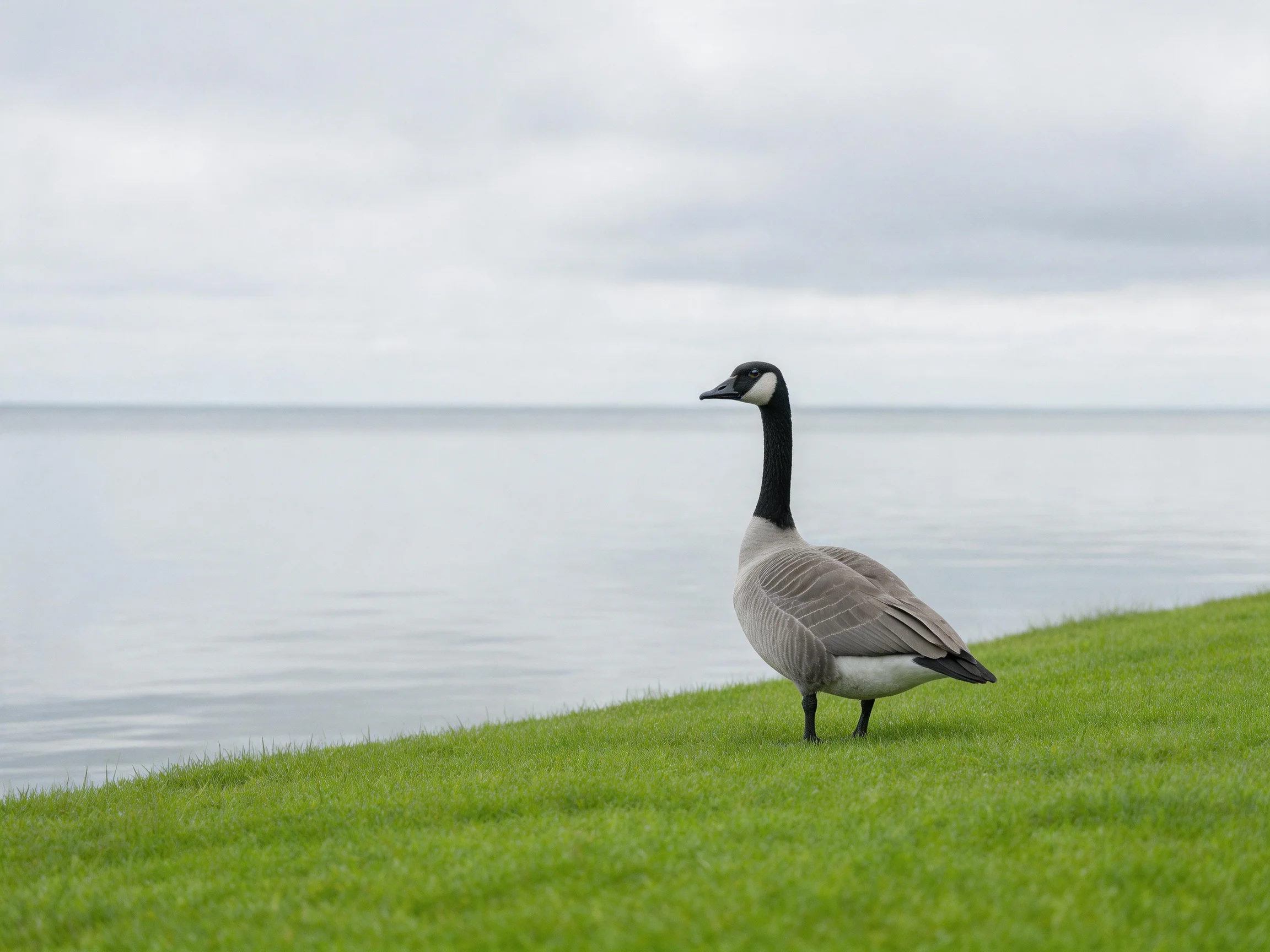 A Canada goose on lush green grass by calm water under overcast sky