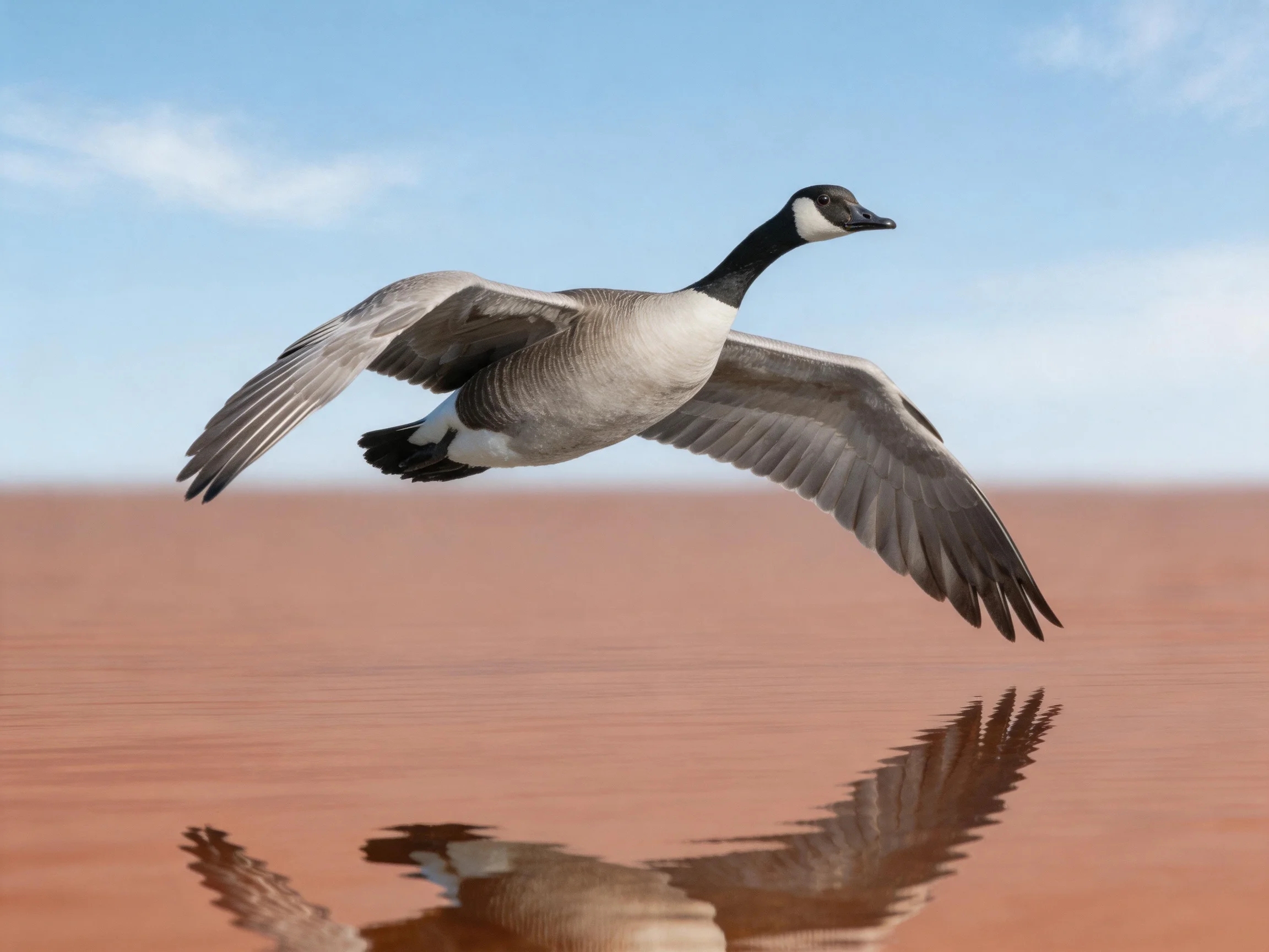 A Canada goose soars over reddish water with a clear blue sky