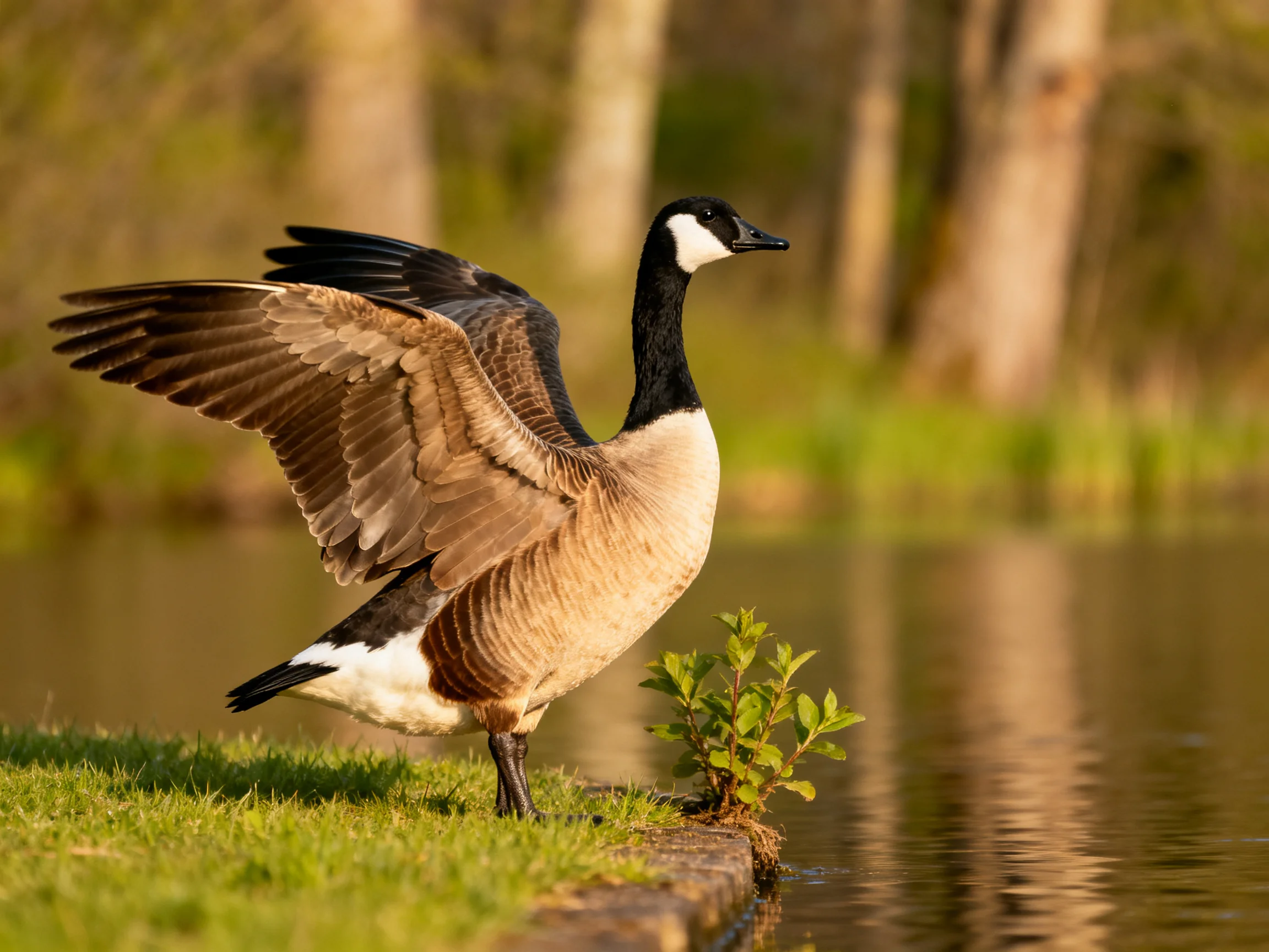 A Canada goose spreading wings by a calm pond