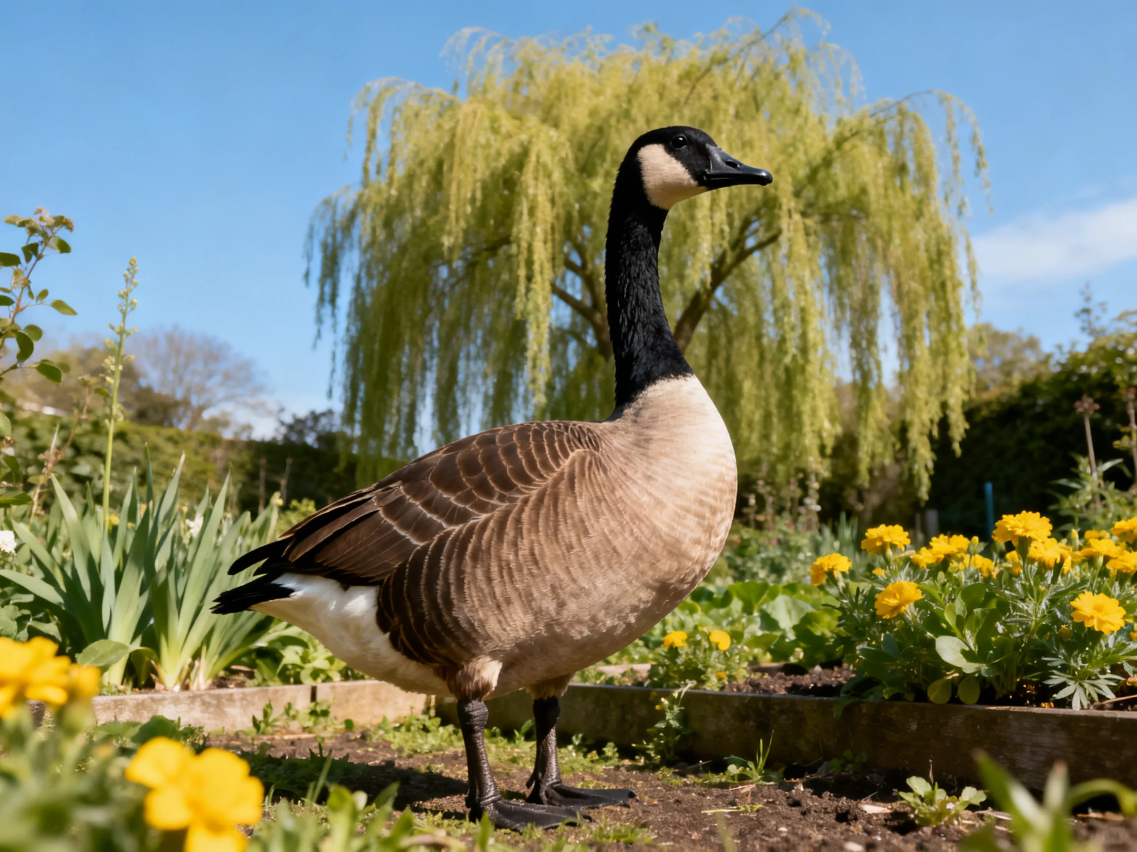 A Canada goose stands among vibrant yellow flowers and lush greenery