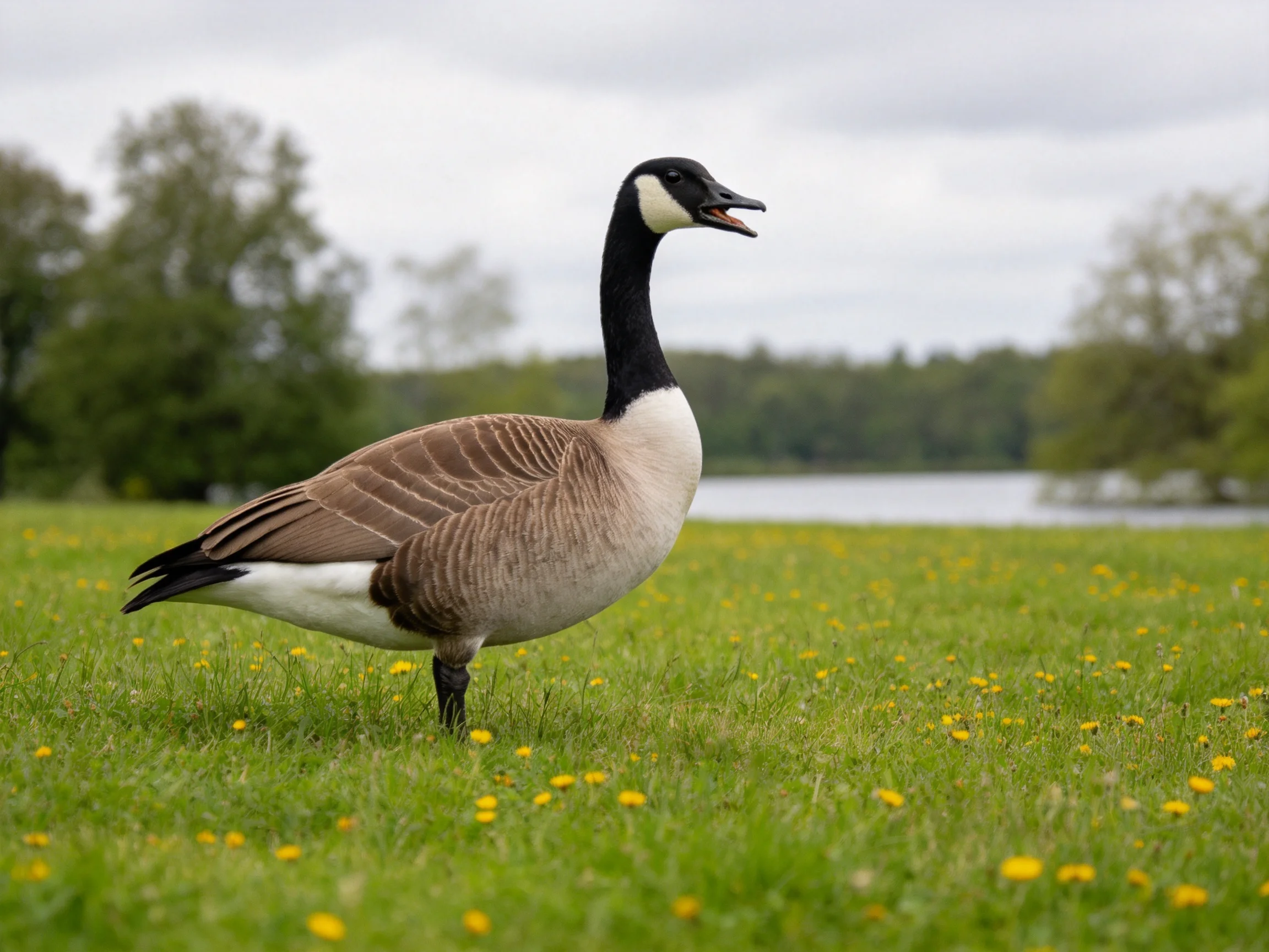 A Canada goose stands in a green meadow with yellow wildflowers