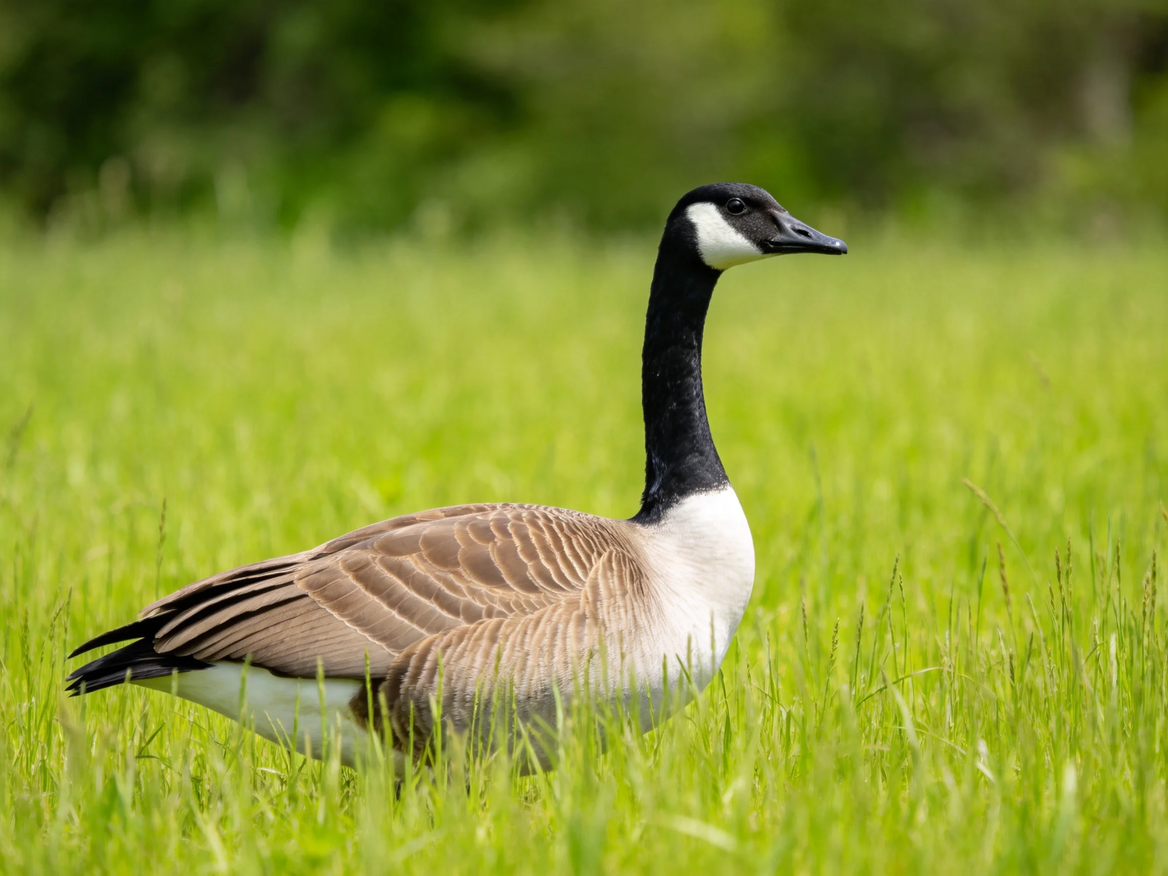 A Canada goose stands in lush green grass near trees