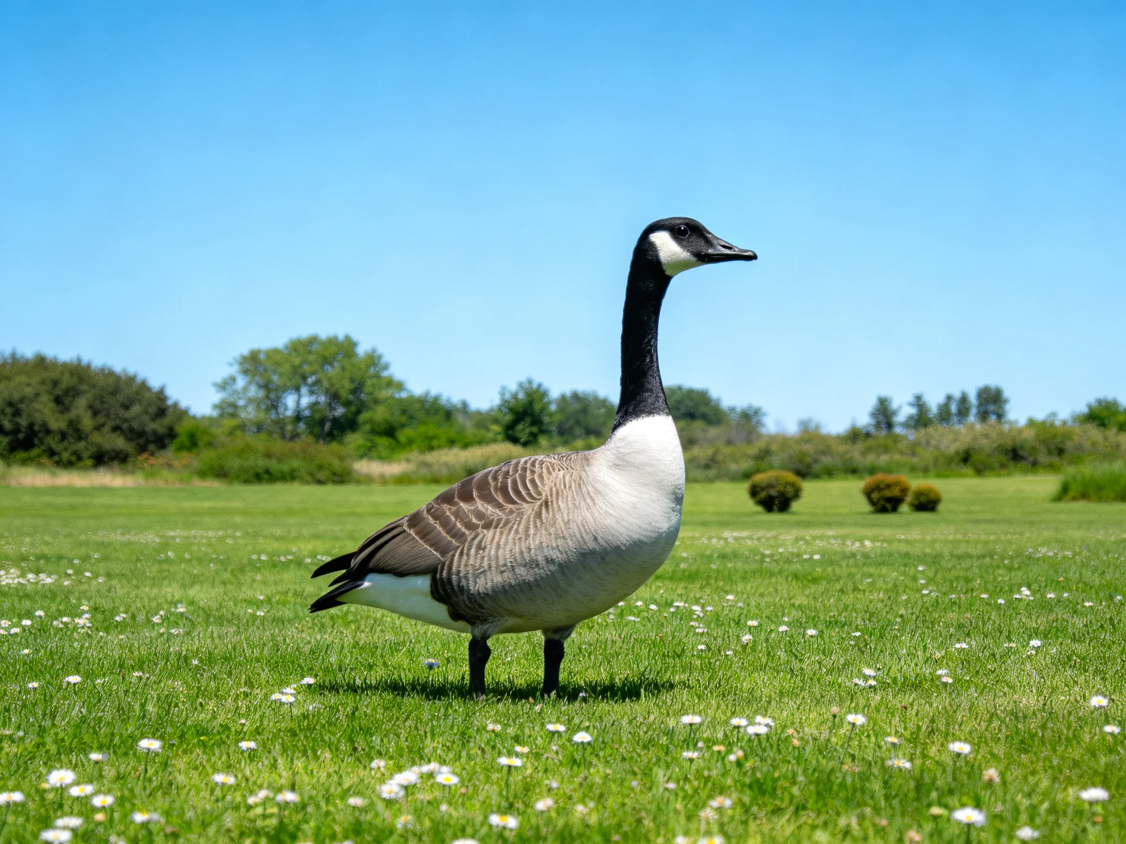 A Canada goose stands on a flower-speckled green meadow under a clear blue sky