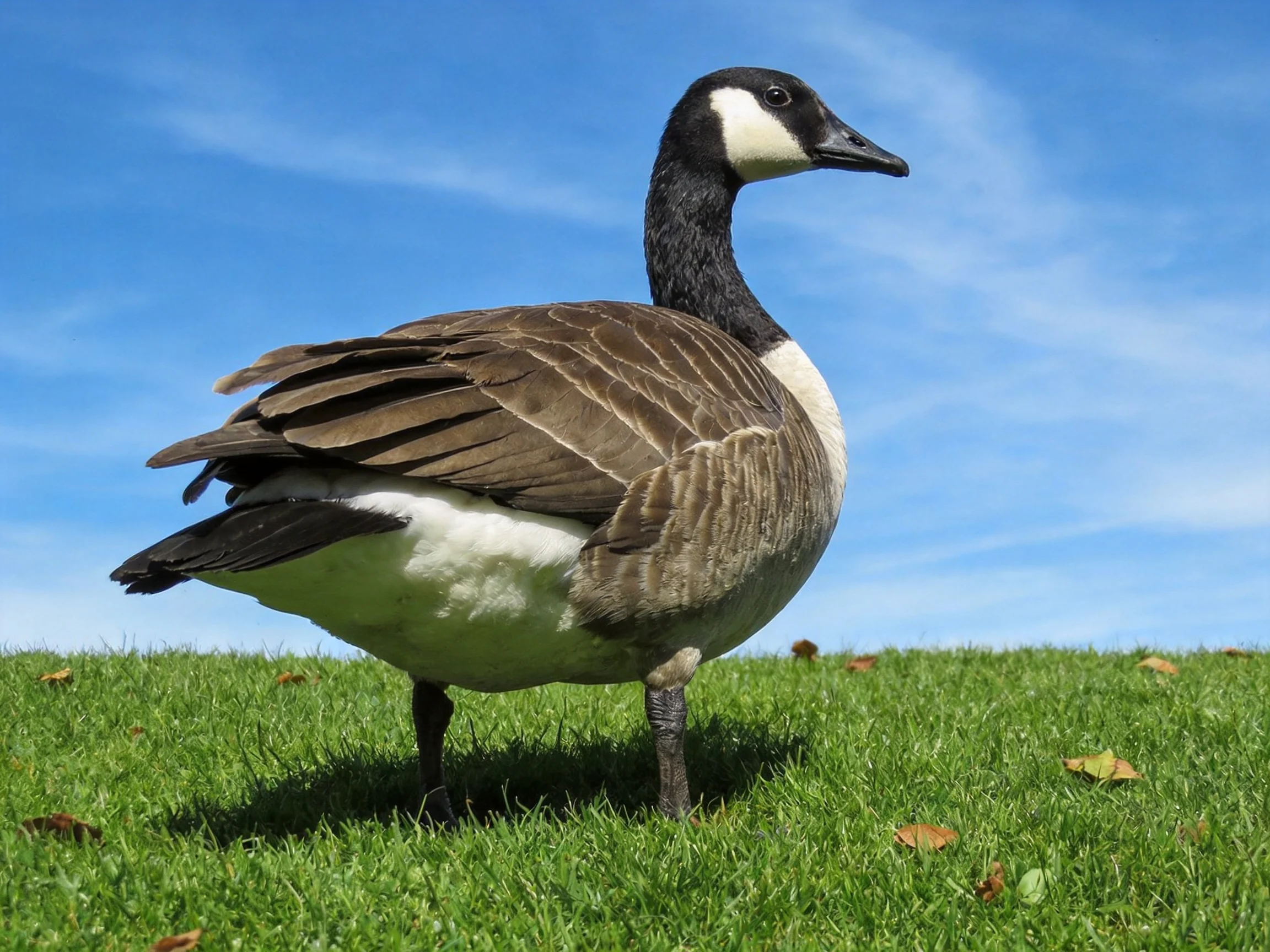 A Canada goose stands on lush green grass against a clear blue sky