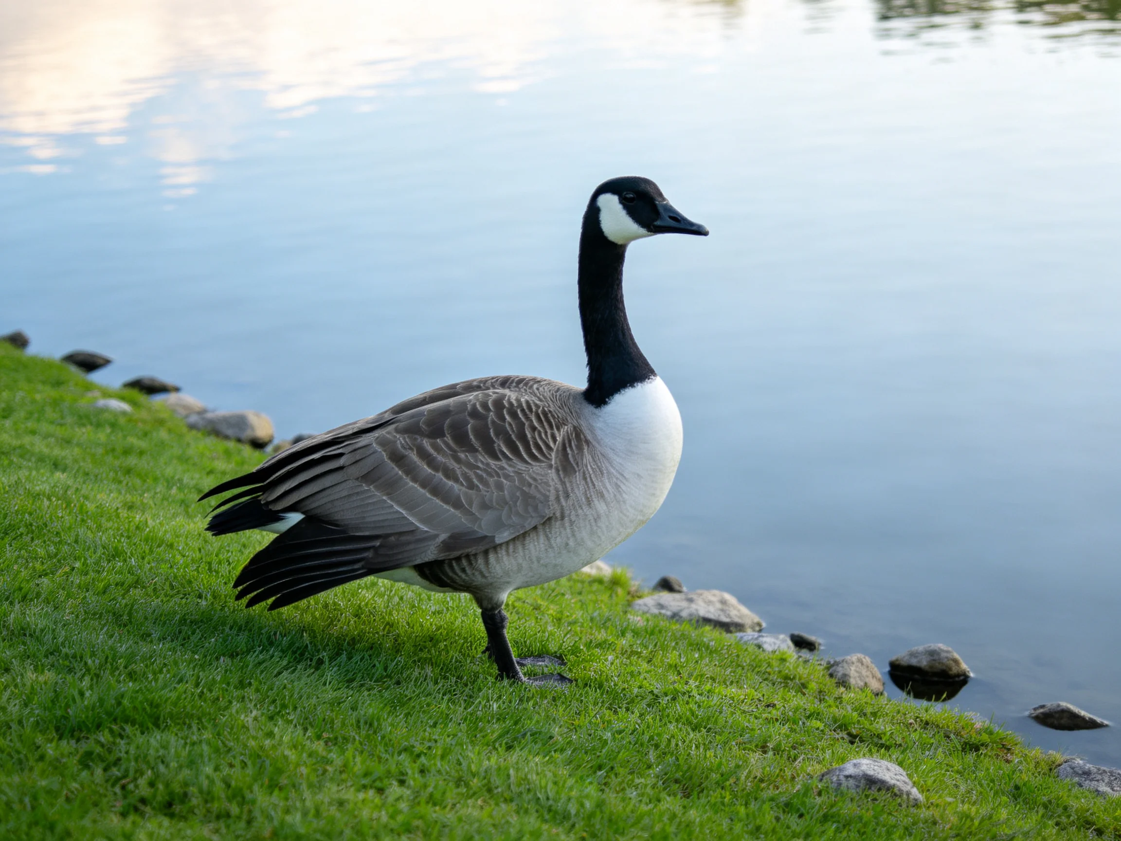 A Canada goose stands on lush green grass by calm blue water