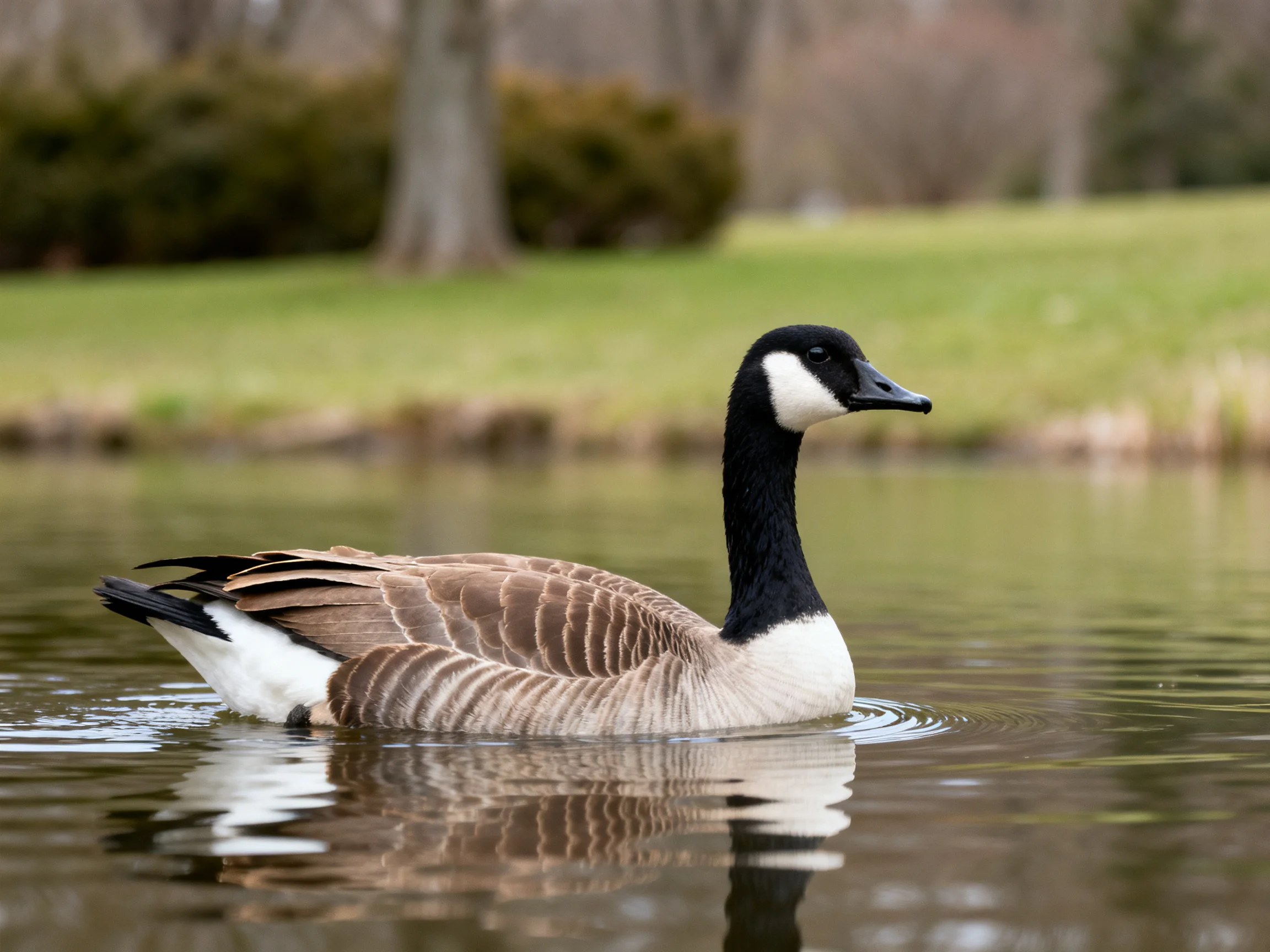 A Canada goose swims in calm pond waters near greenery