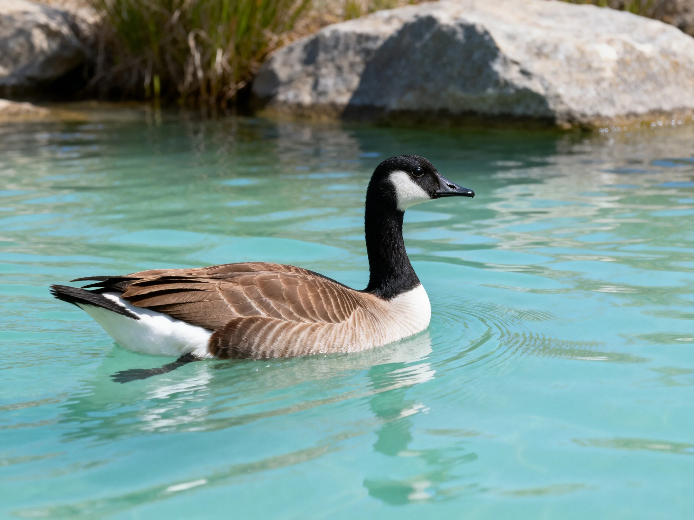 A Canada goose swims in clear turquoise water near rocky terrain