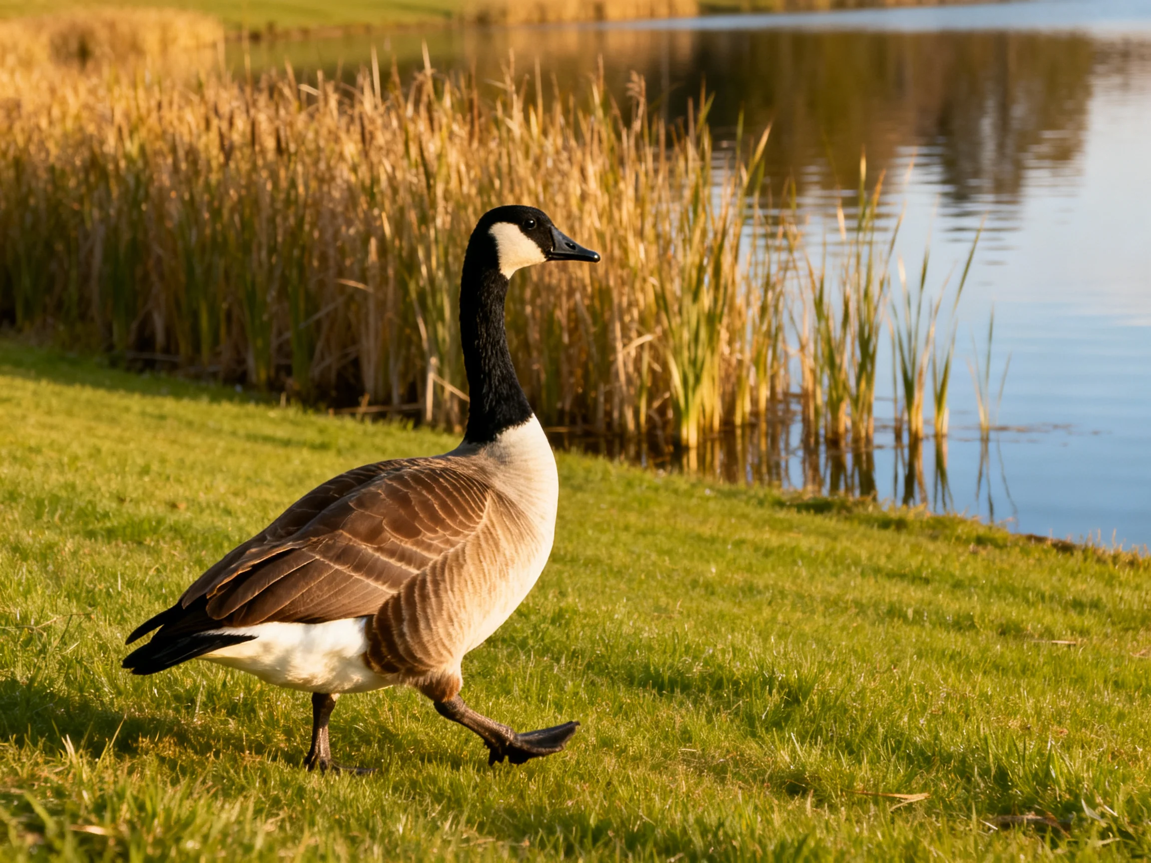 A Canada goose walks on lush green grass beside golden reeds and calm water