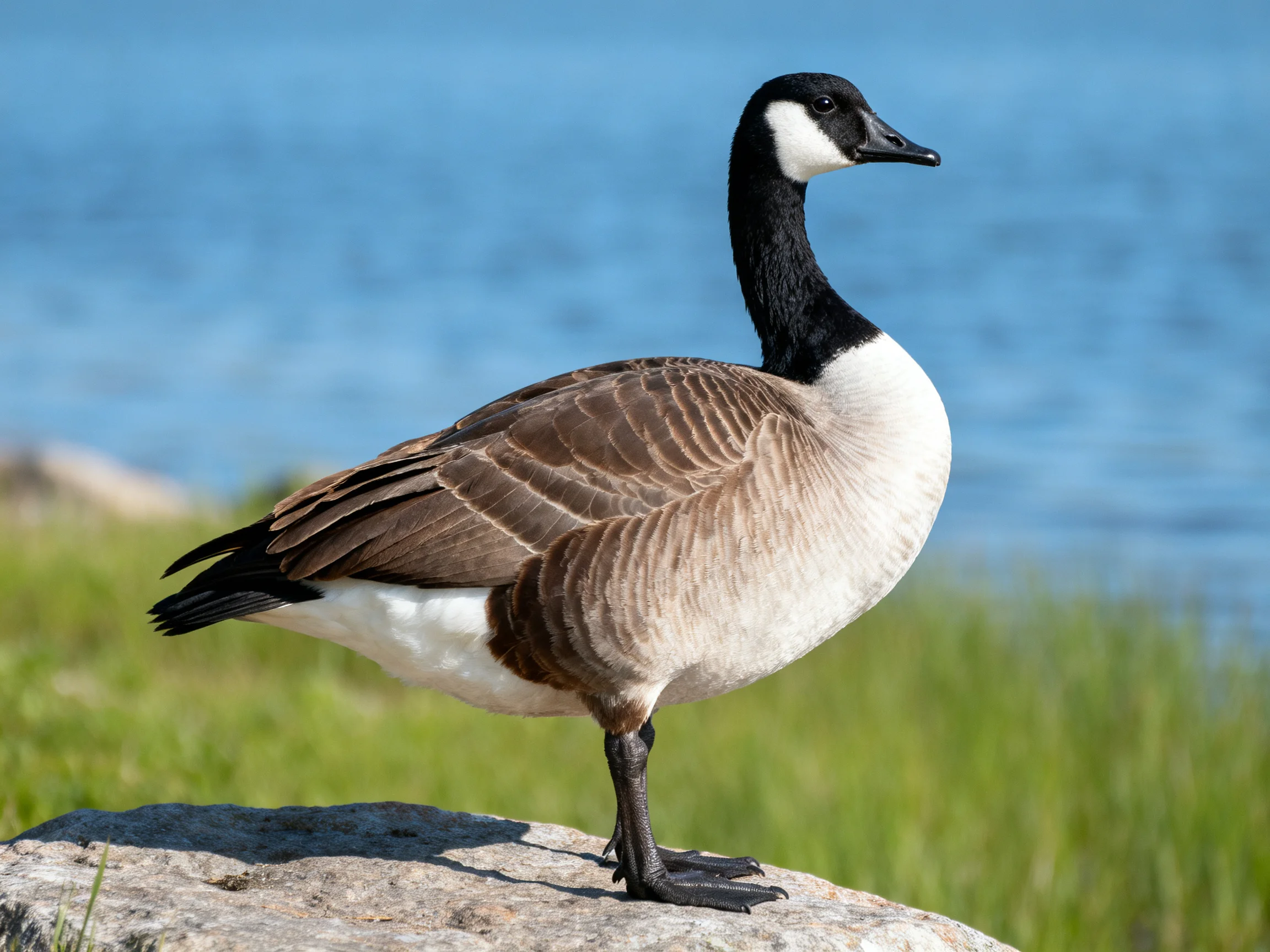 A Canada goose with black neck and brown wings stands on a rock by blue water