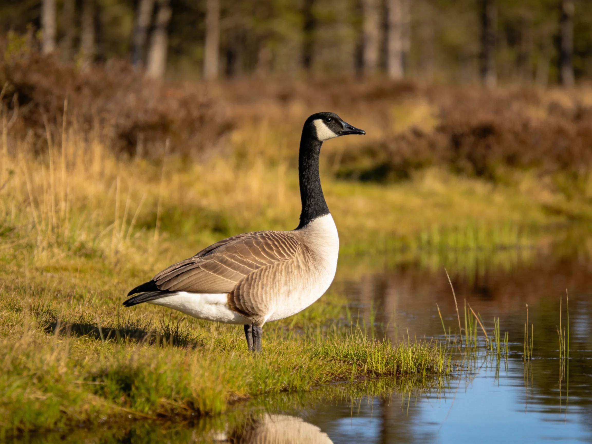 A Canada goose with black neck rests by a calm wetland pond