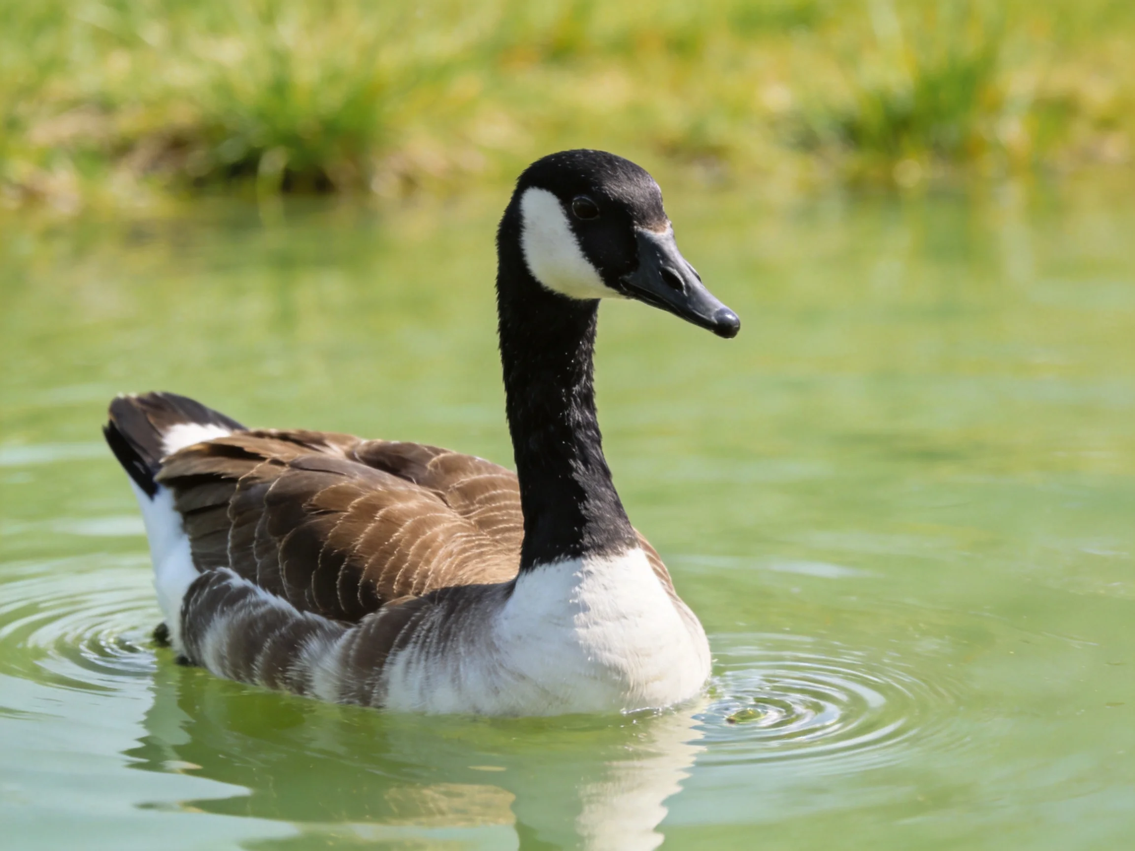 A Canada goose with black, white, and brown plumage swims in green water