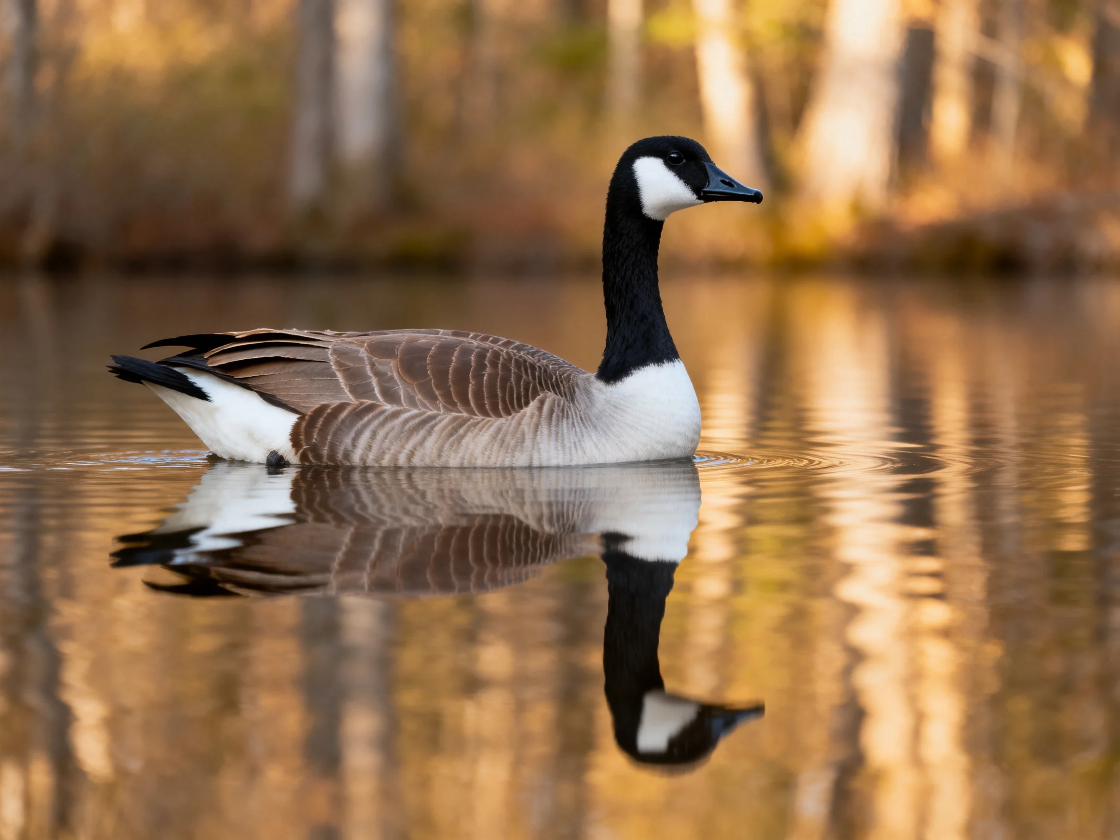 A CanadaGoose Swimming in Golden-Hued Water with Reflection