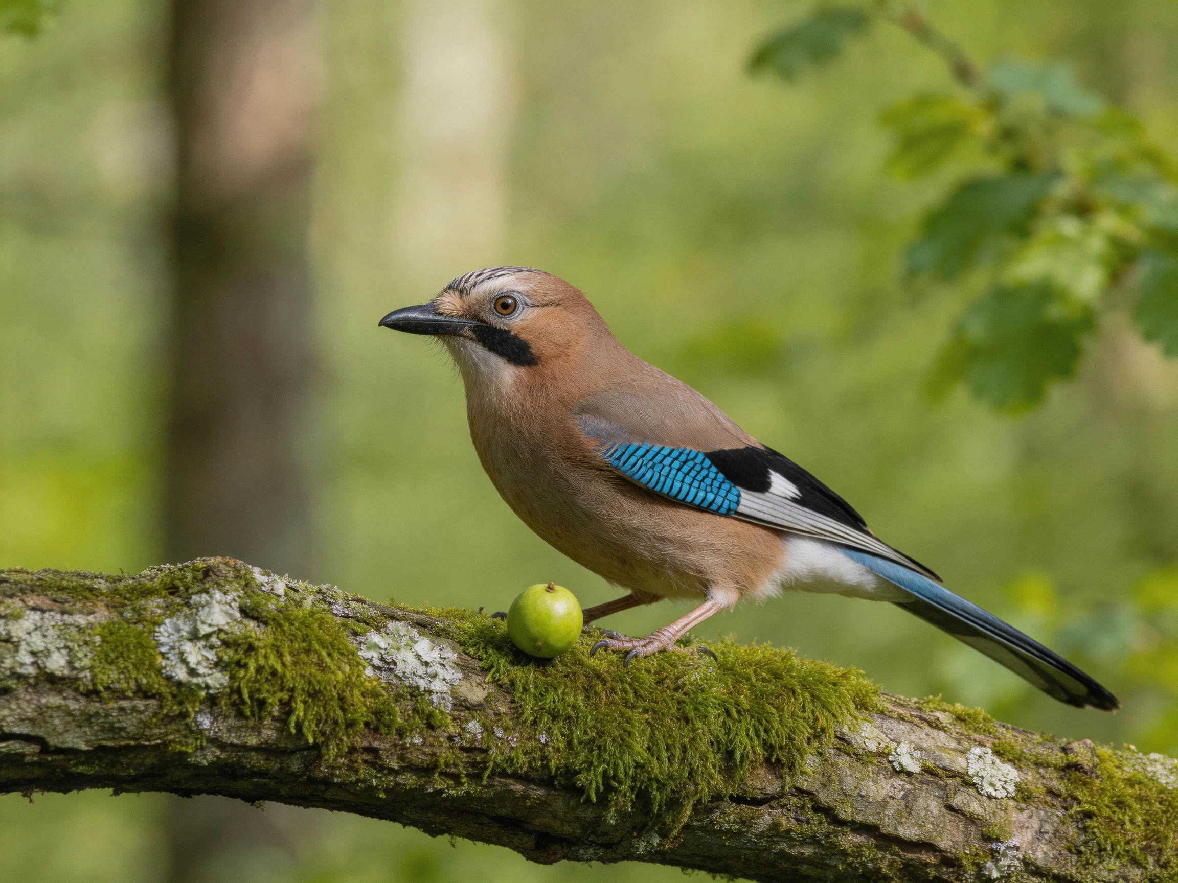 A Eurasian Jay Perched on Mossy Branch with Green Fruit