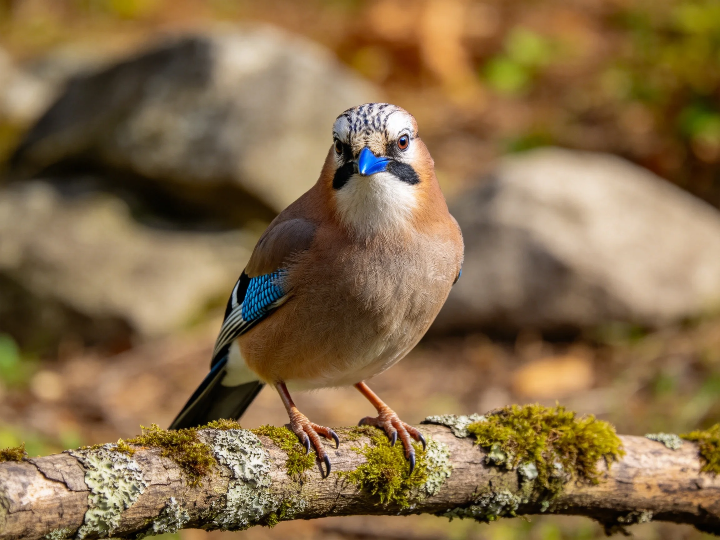 A Eurasian Jay with blue wing patches perches on a mossy branch