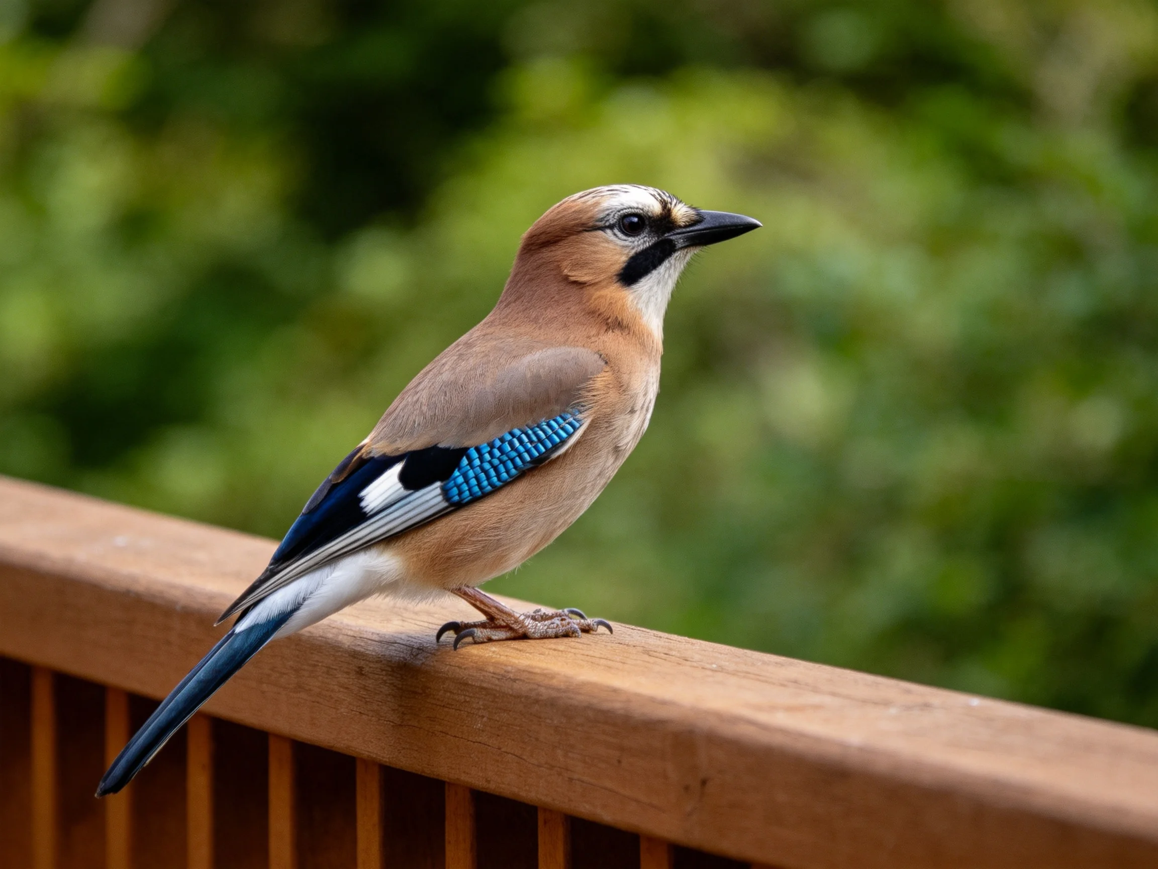 A Eurasian jay with blue wing patches perched on a wooden railing