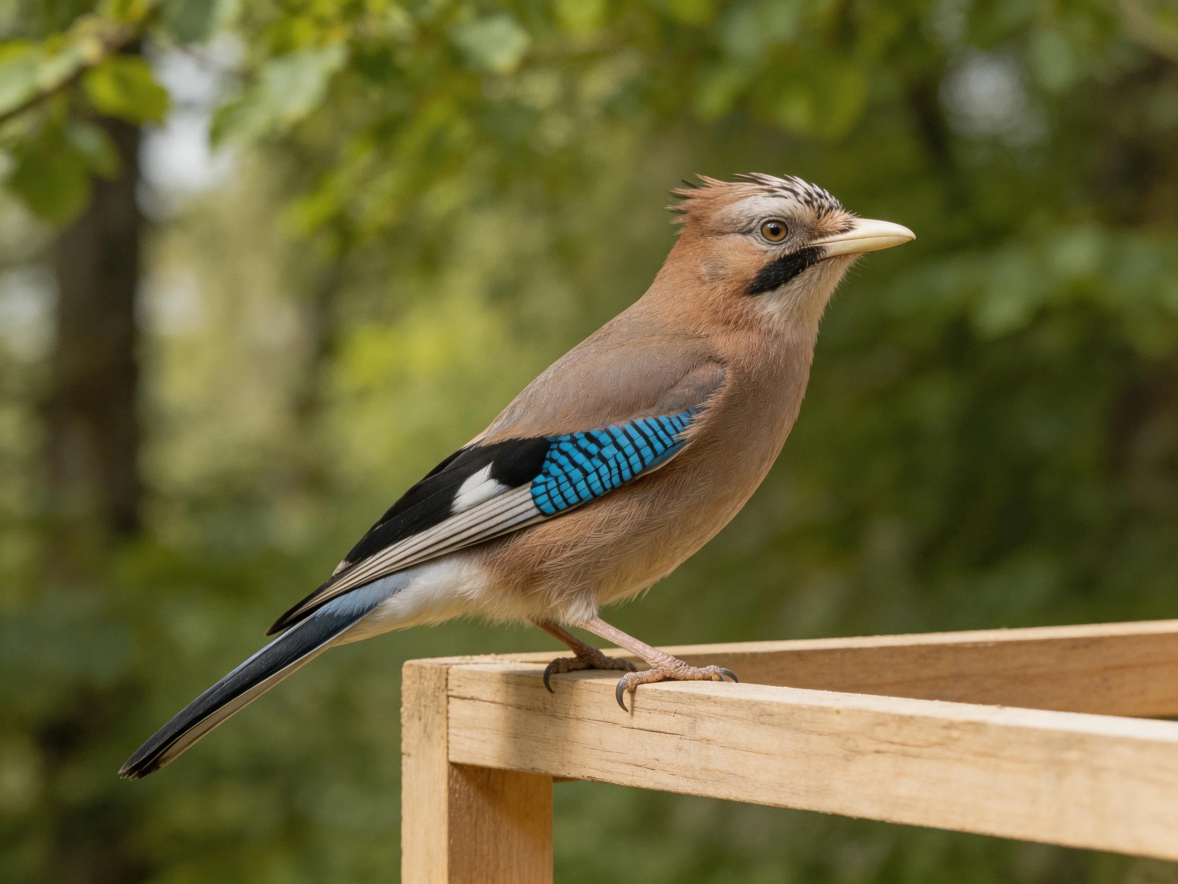 A Eurasian jay with blue wing patches perched on a wooden structure
