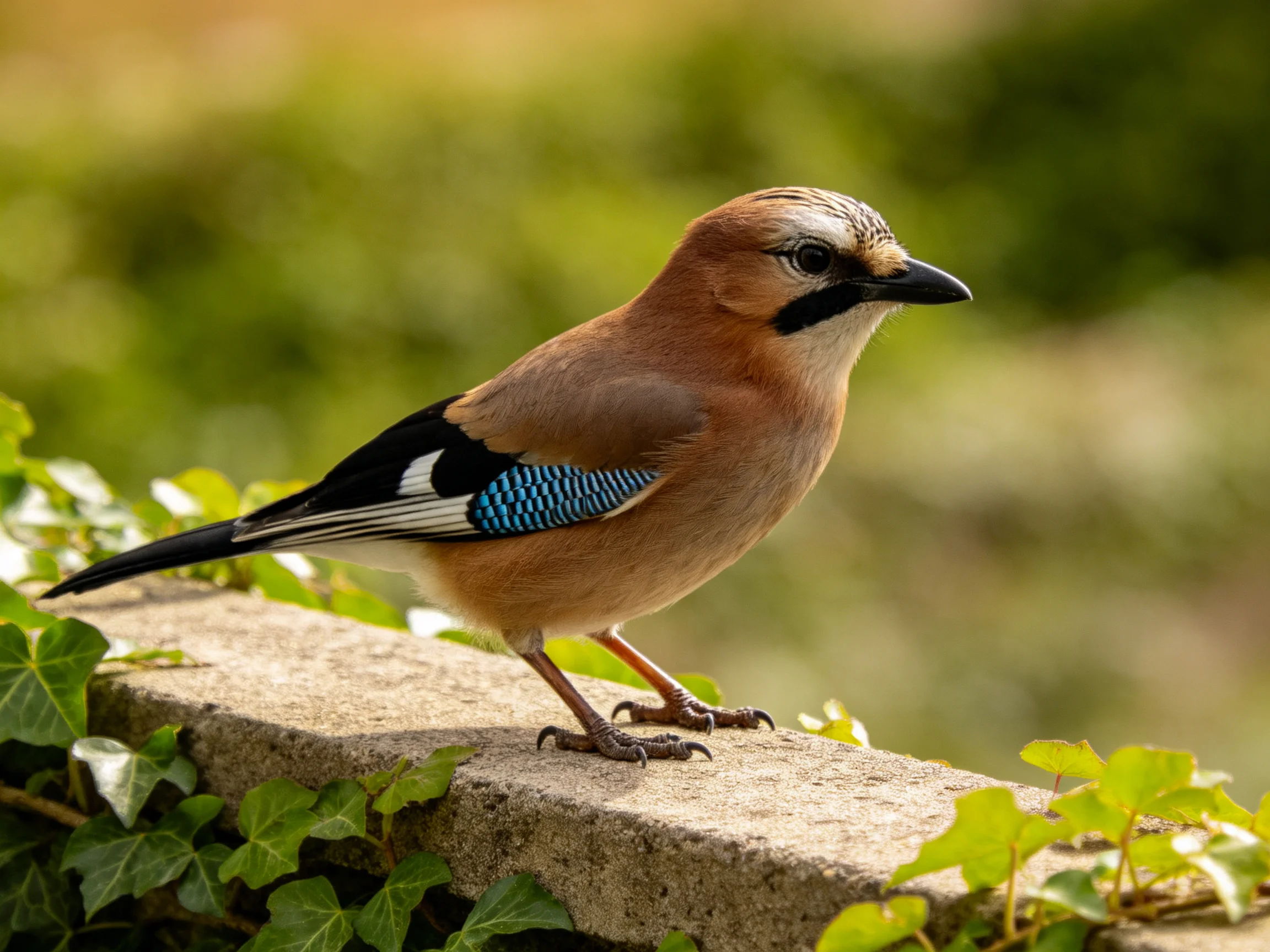 A Eurasian jay with blue wing patches perches on a stone ledge near green vines