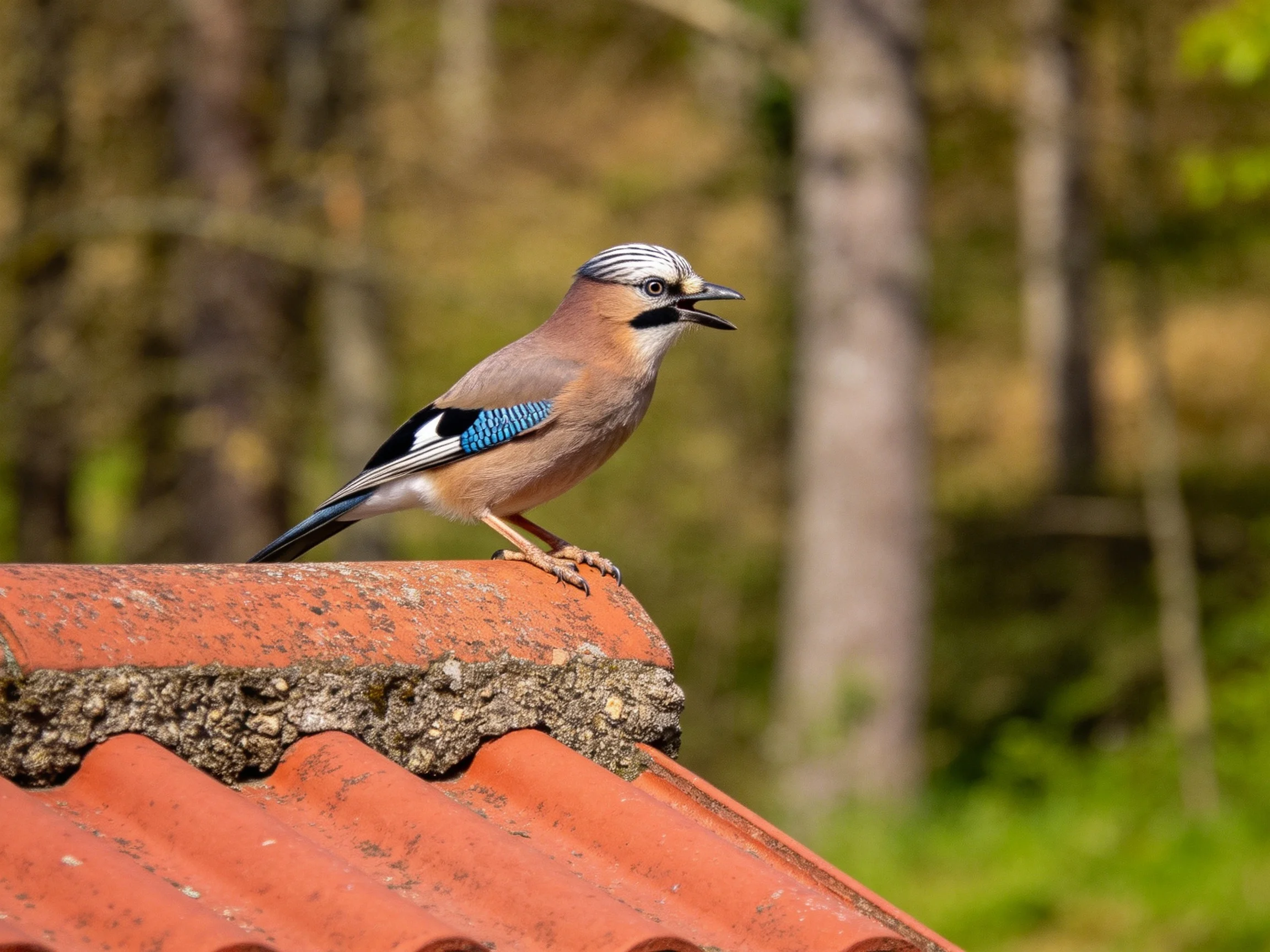 A Eurasian jay with colorful plumage perches on a red-tiled roof