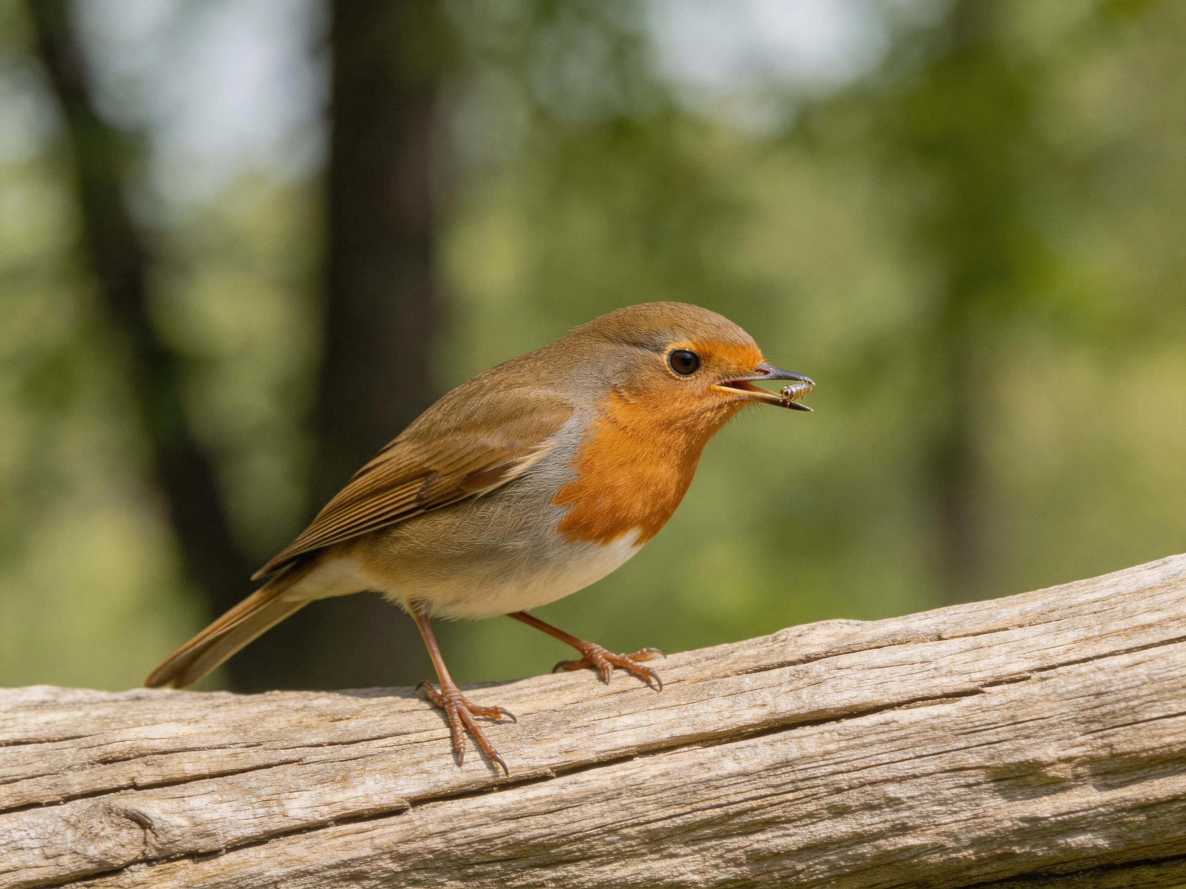 A European Robin Perched on a Weathered Log with an Insect in Its Beak