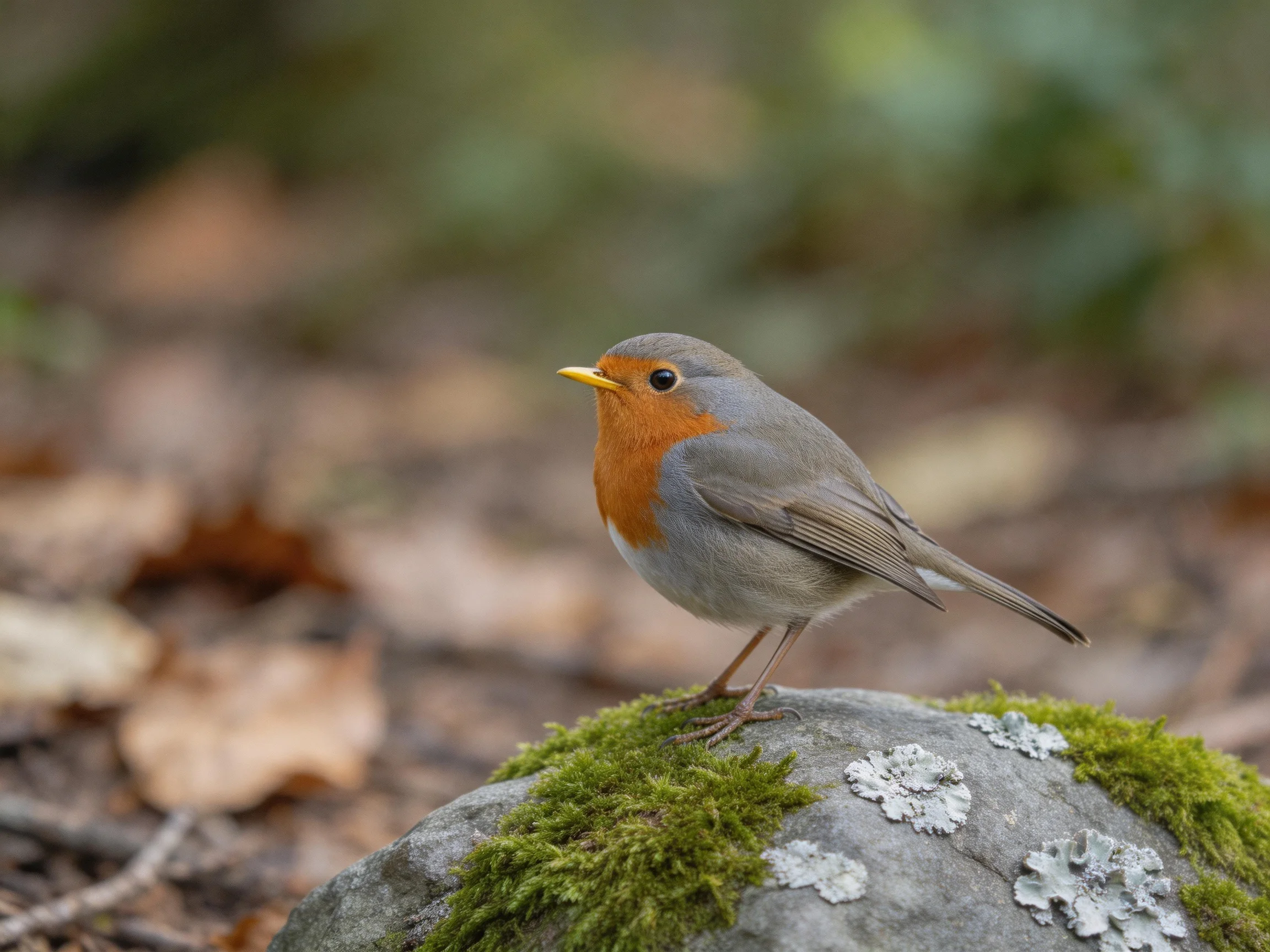 A European Robin Perches on Moss-Covered Rock Amid Blurred Foliage