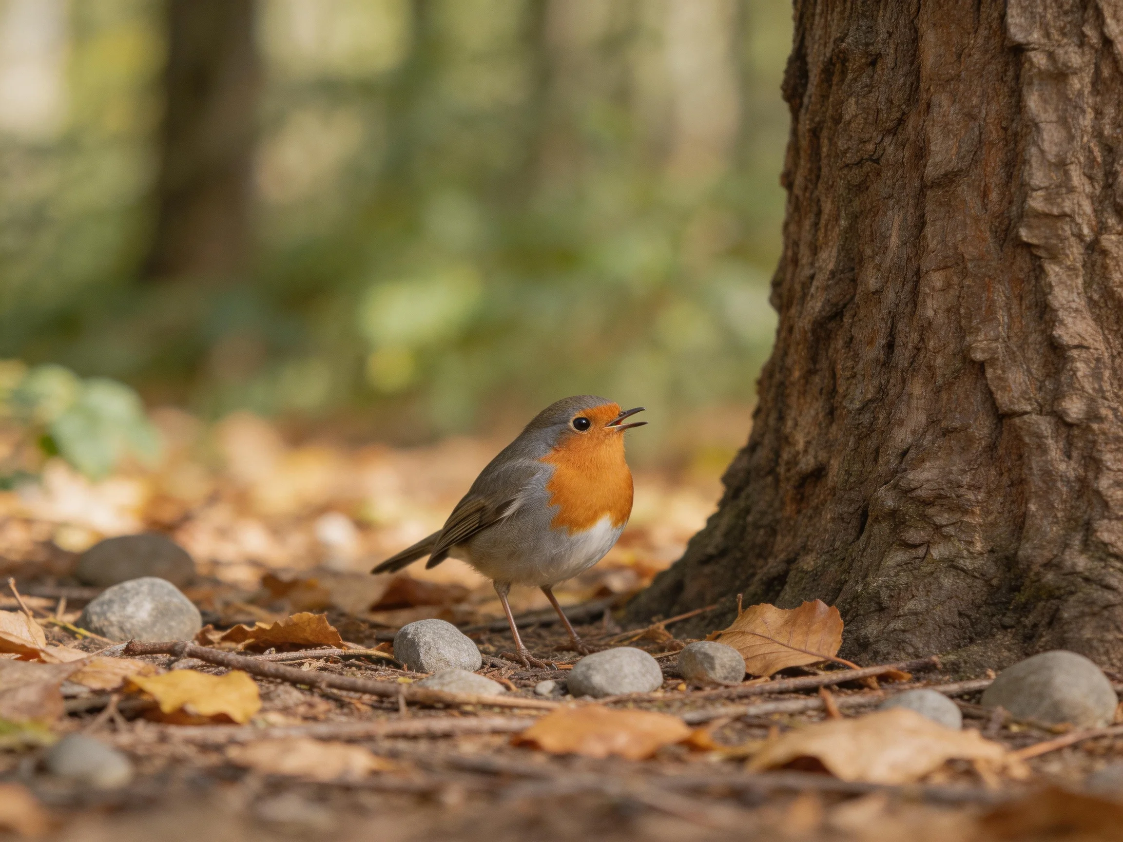 A European Robin by a Tree Trunk Amidst Fallen Leaves and Pebbles