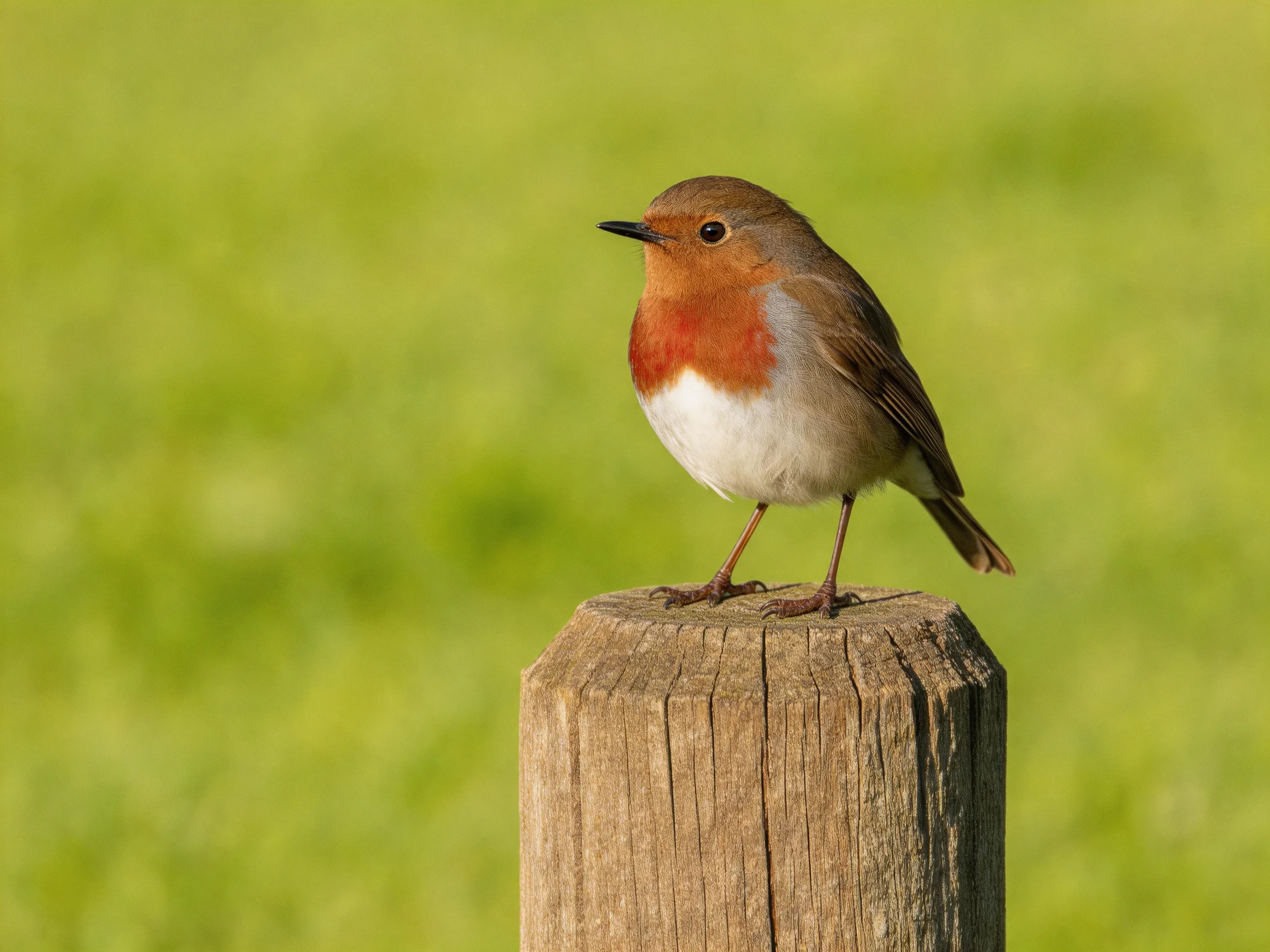 A European Robin with Red Chest Perched on a Weathered Wooden Post