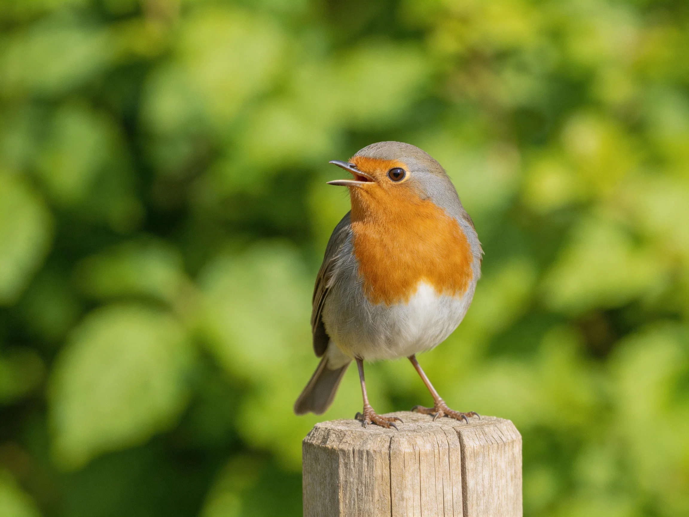 A European robin with orange breast perches on a wooden post