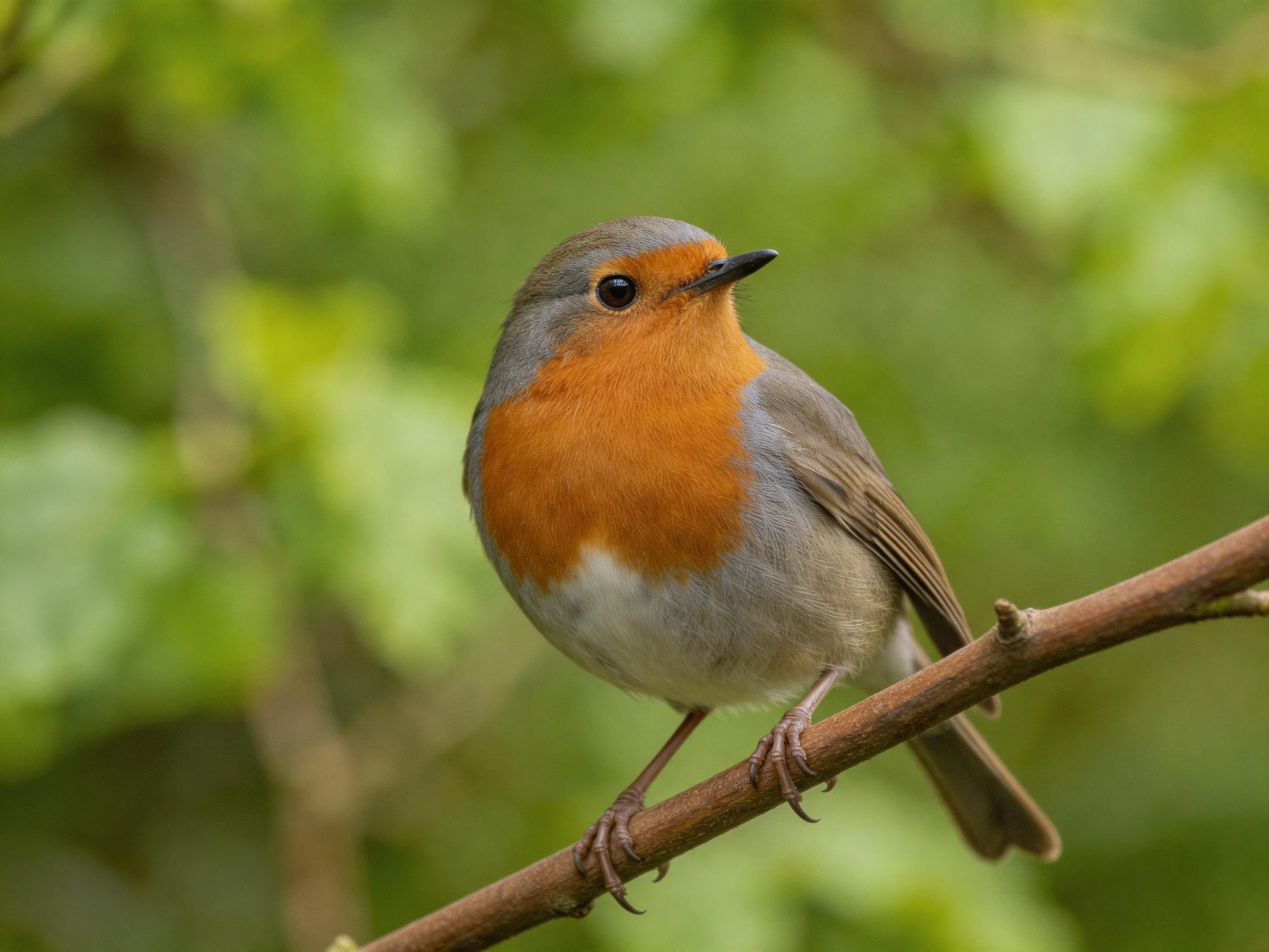 A European robin with vibrant orange breast perched on a branch