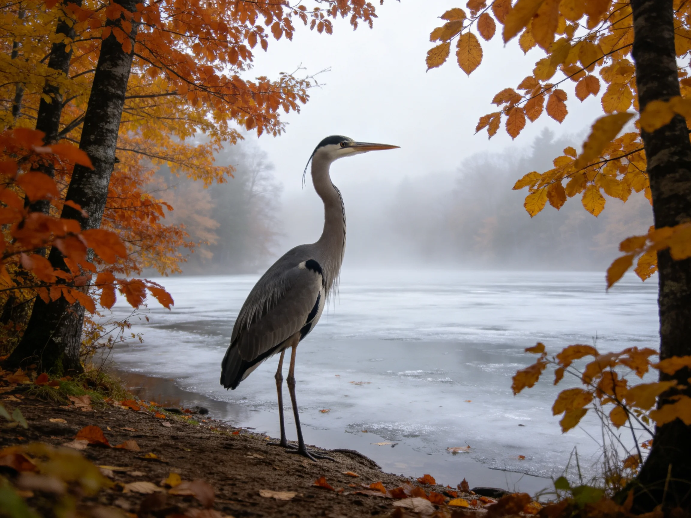 A Great Blue Heron Among Autumn Foliage by a Misty River