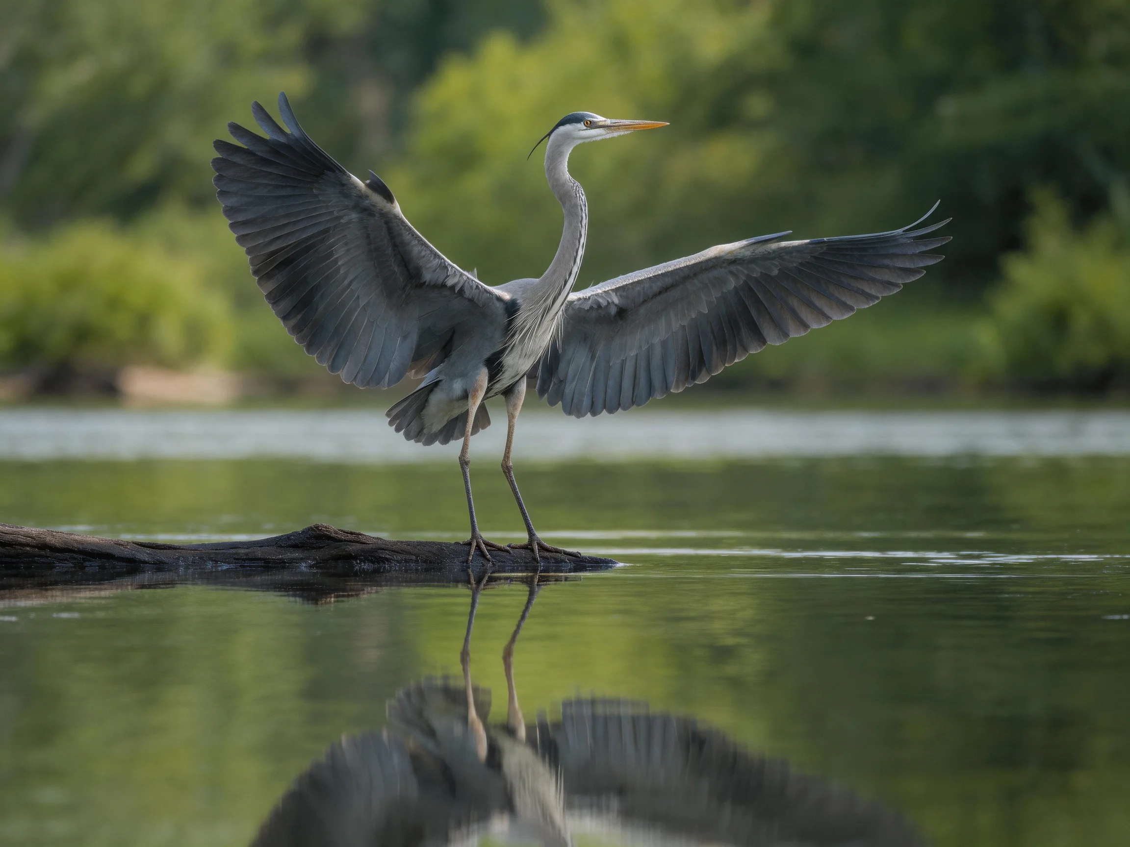 A Great Blue Heron Spreading Wings on a Log Over Calm Water