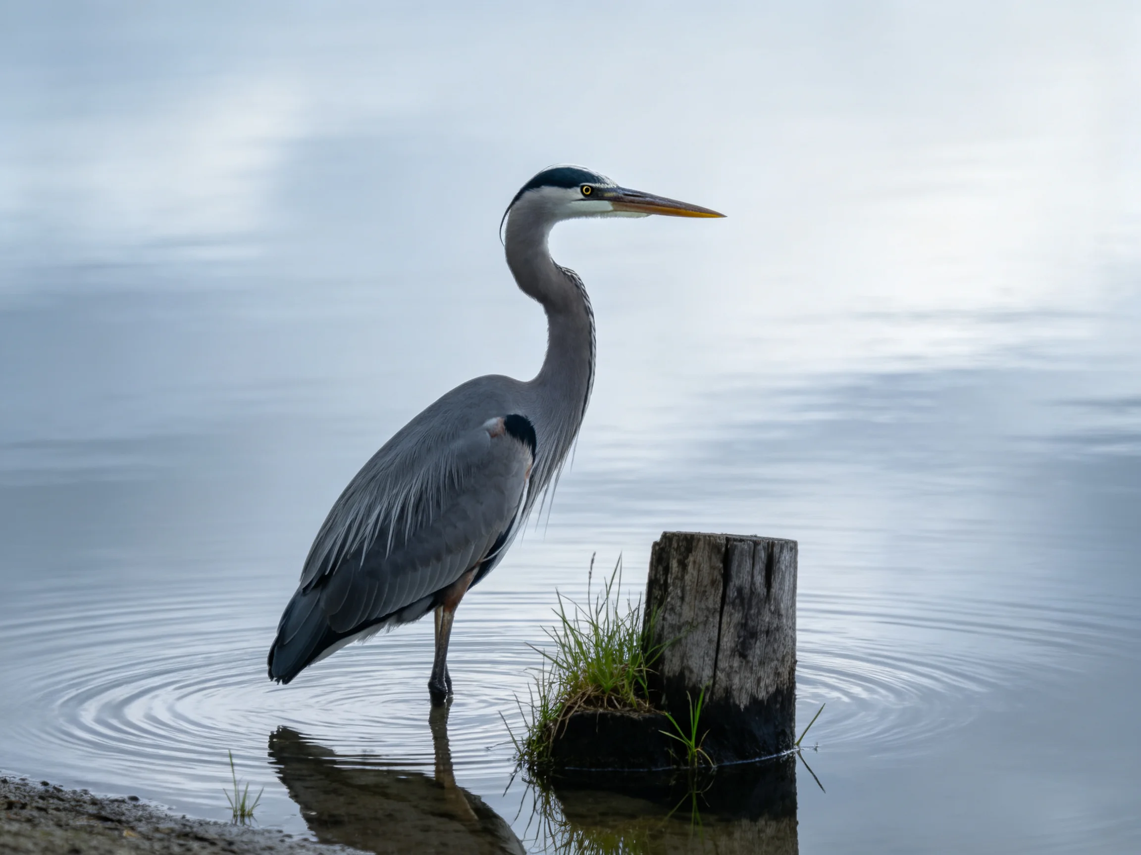 A Great Blue Heron stands by weathered wooden post in calm waters