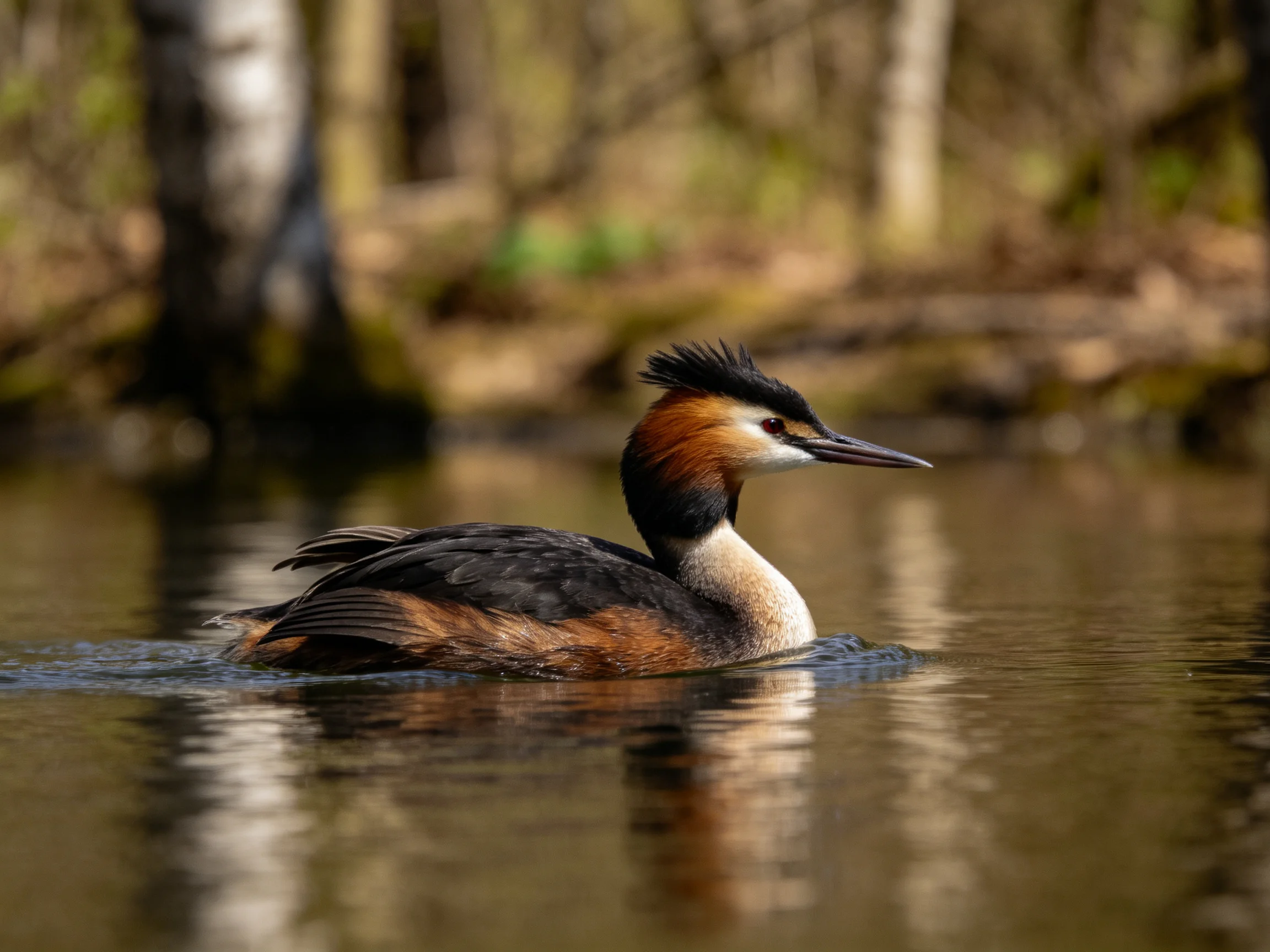 A Great Crested Grebe swimming in golden-hued water near trees