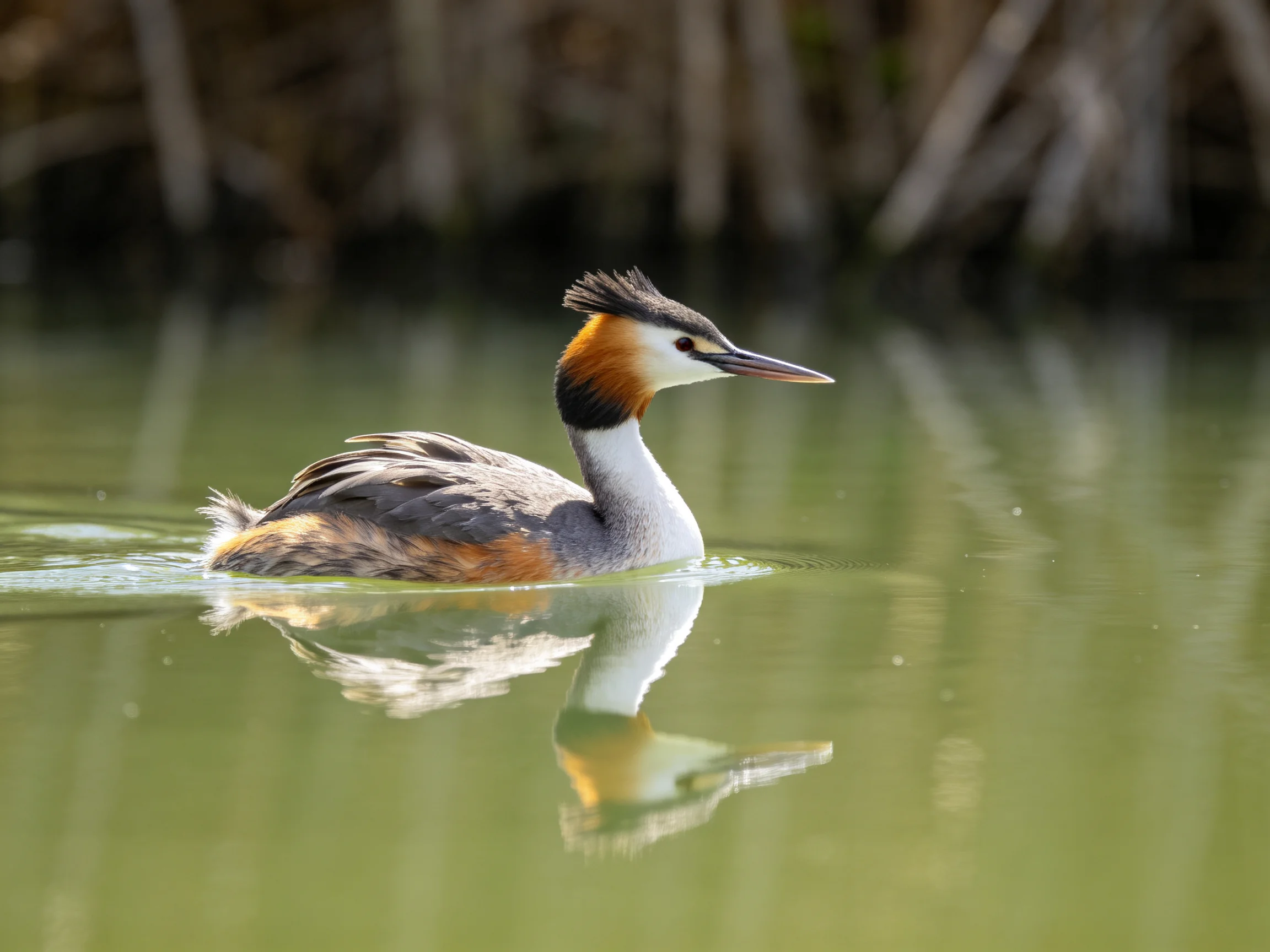A Great Crested Grebe swims in calm green water
