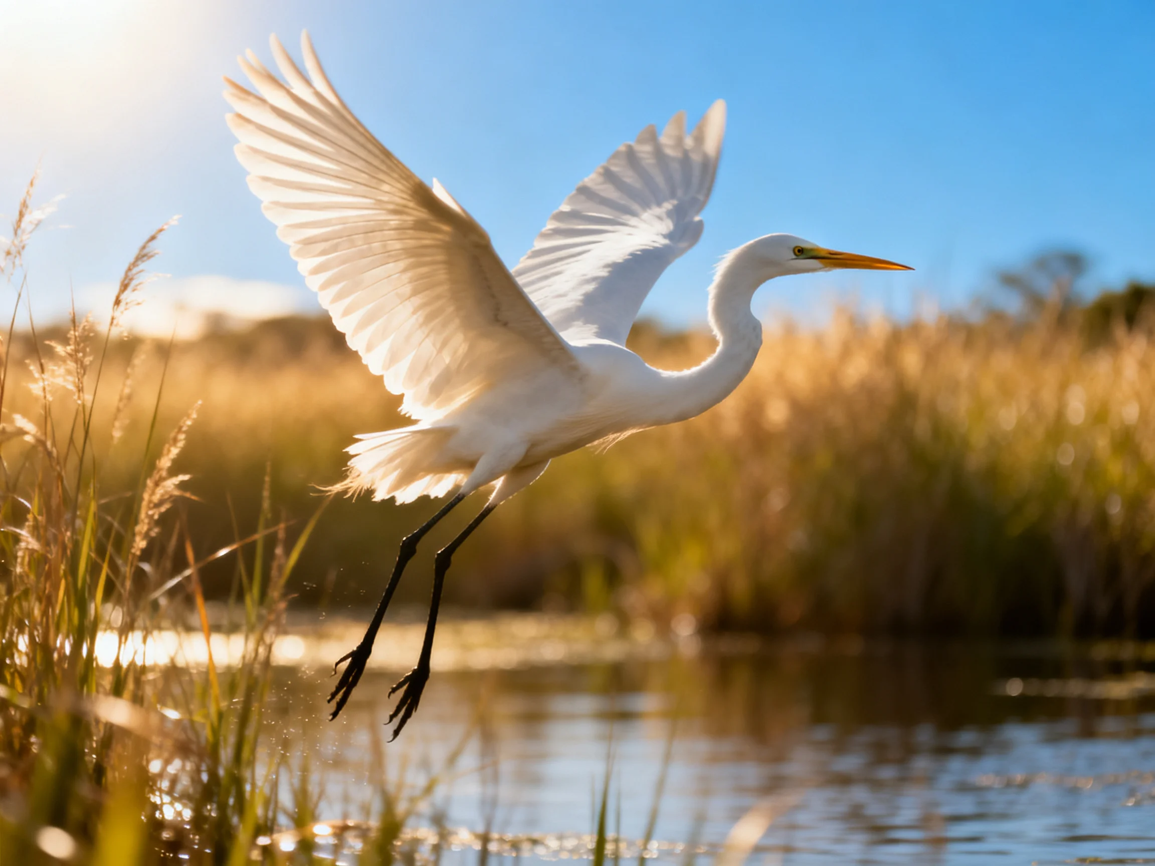 A Great Egret Soaring Over Golden Marshland Near Shallow Water