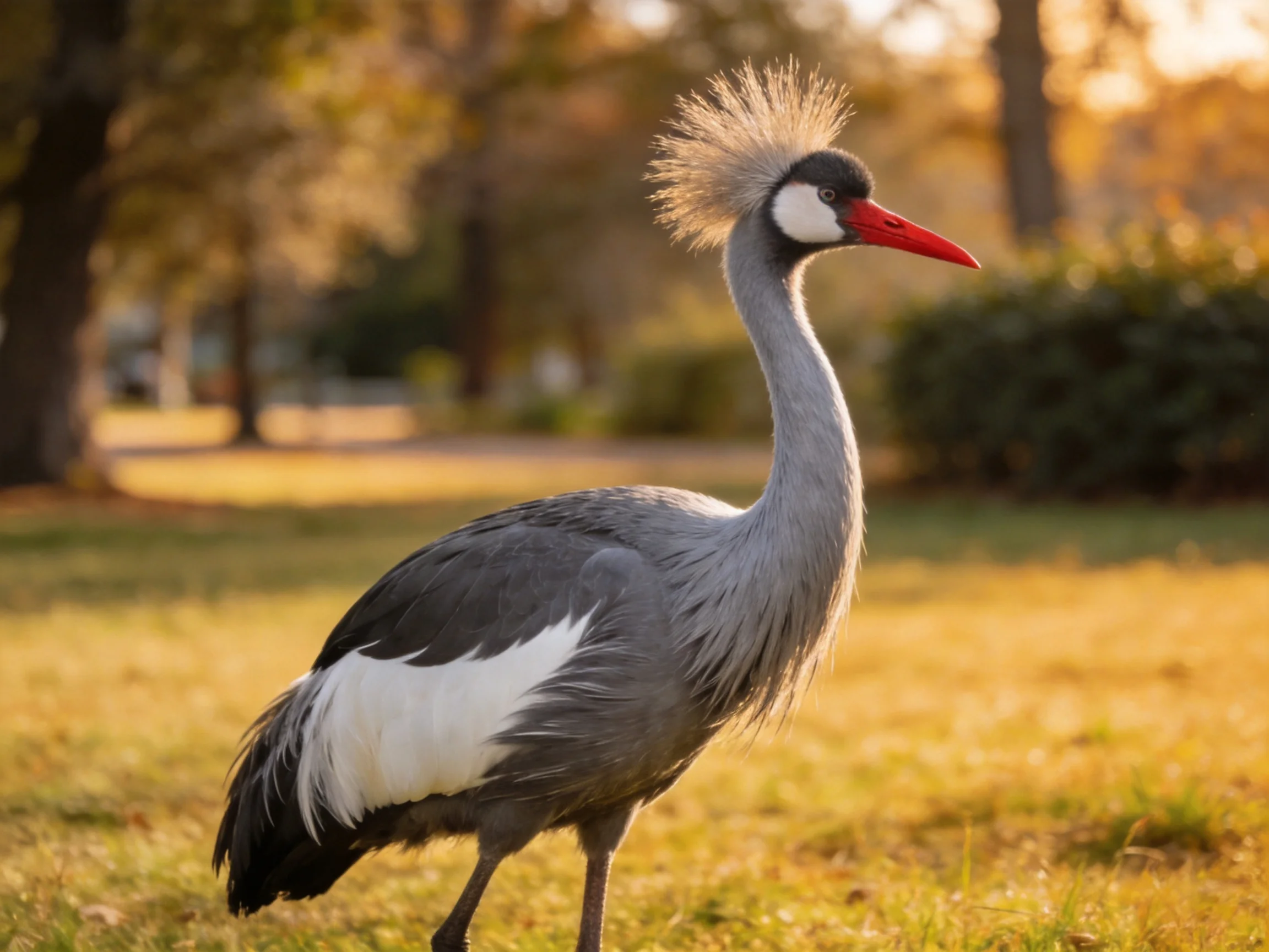 A Grey Crowned Crane stands gracefully on golden grass