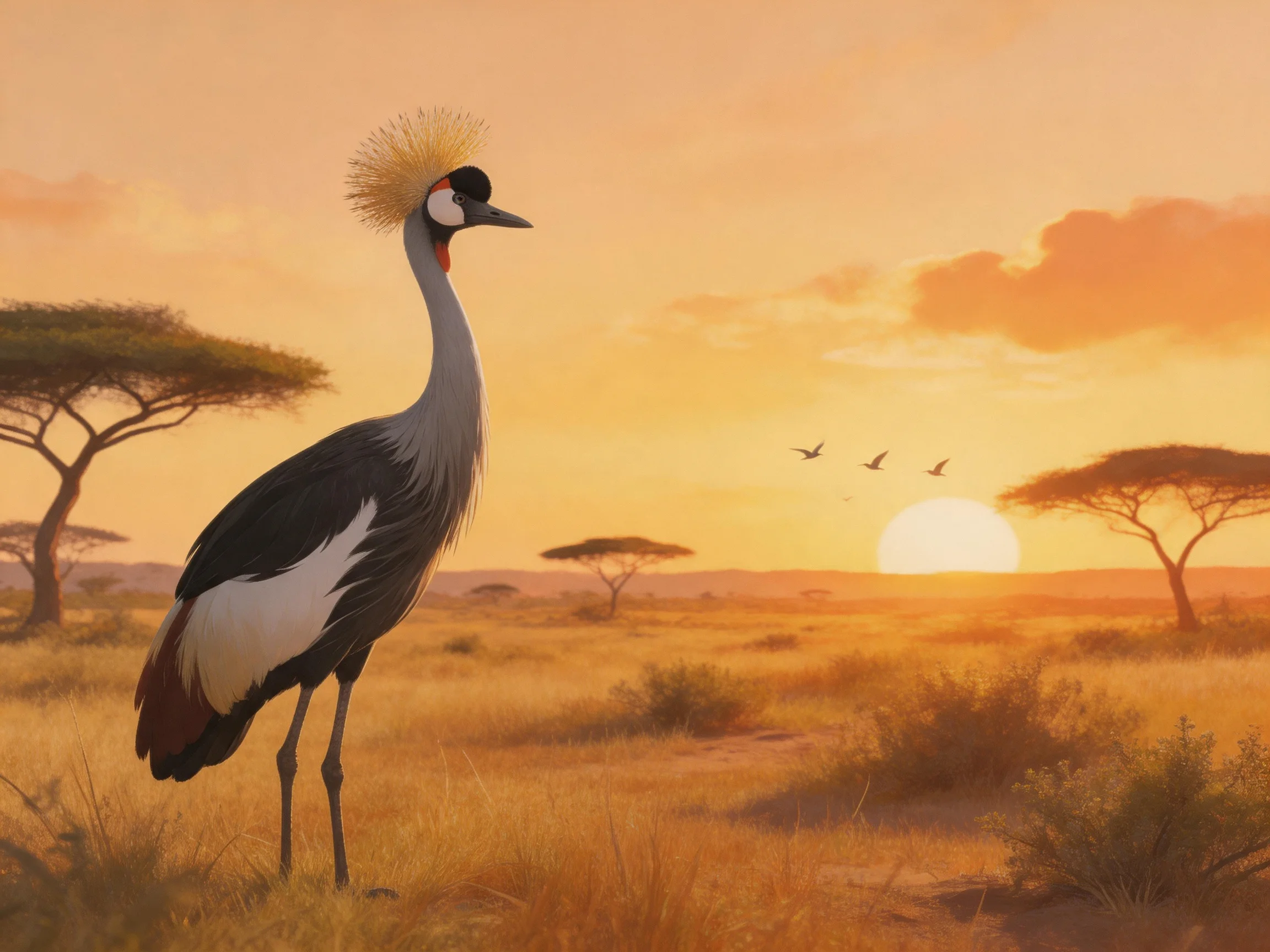 A Grey Crowned Crane stands in golden savanna with acacia trees at sunset