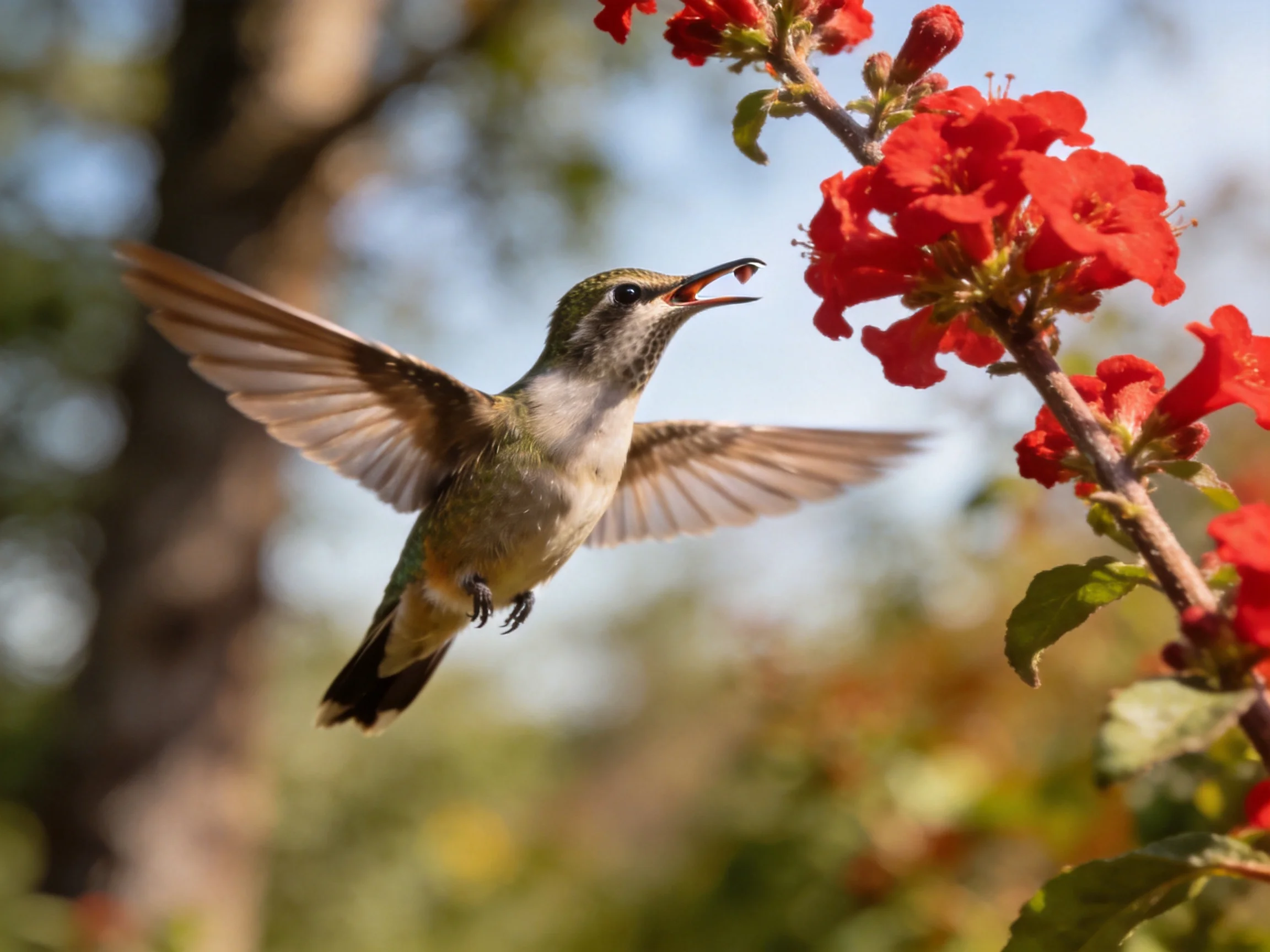 A Hummingbird Feeding from Vibrant Red Flowers