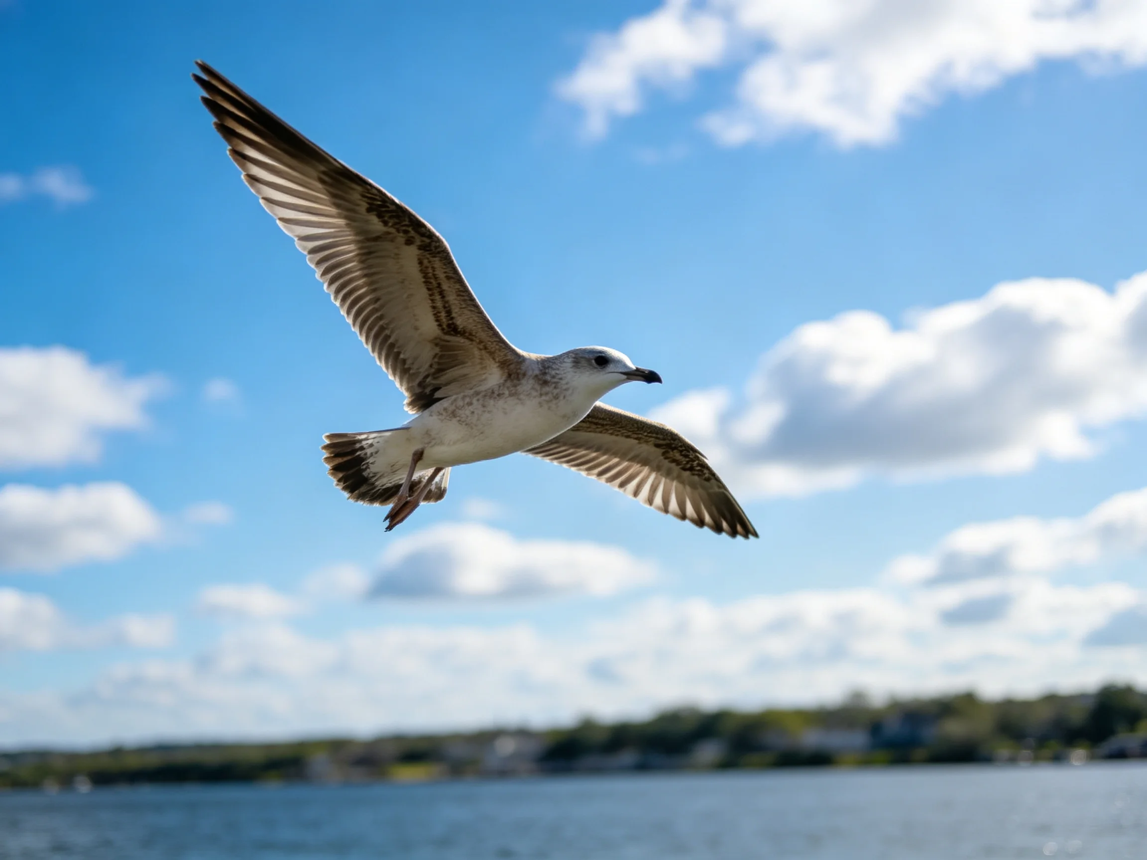 A Seagull Soaring Over Calm Water With Bright Blue Sky